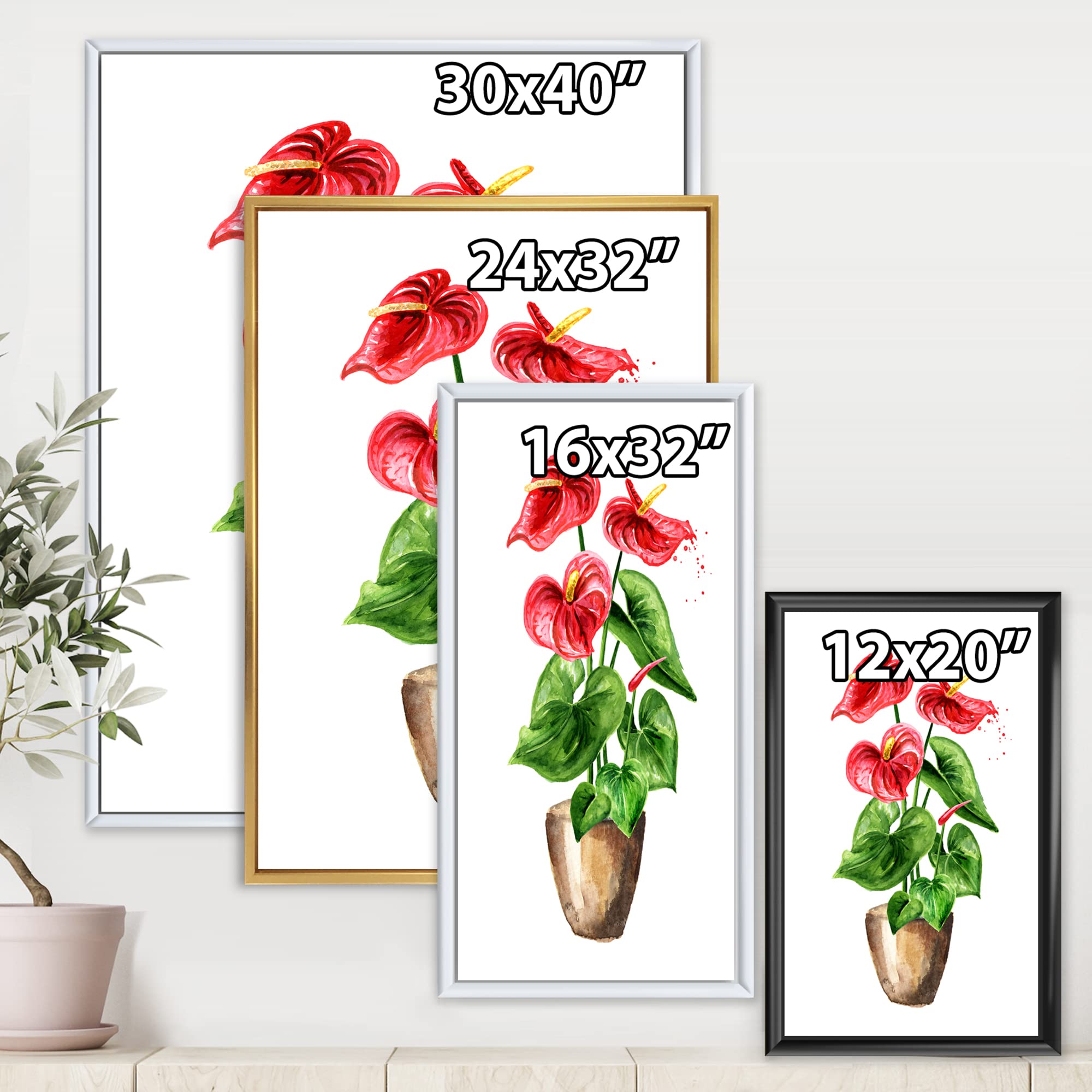 DesignQ Anthurium Tailflower or Flamingo Flower Potted Plant - Traditional Framed Canvas Wall Art Print for Home & Office Decor