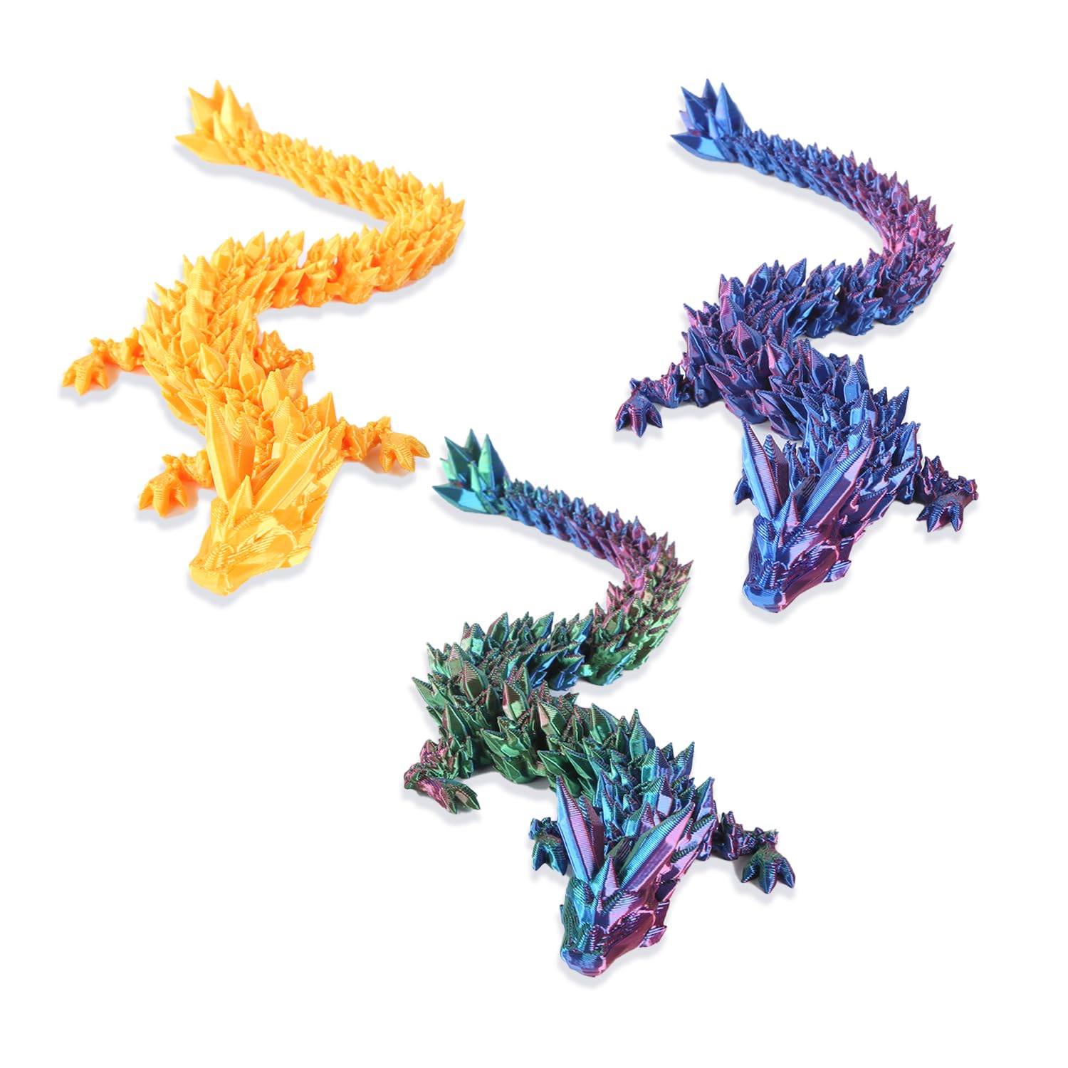 3D Printed Flexible Articulated Dragon Toy - 12 Inch Crystal Dragon (3 Pack) - Fidget Toys for Adults & Kids with Autism/ADHD - Unique Desk Decor for Home & Office - Stress Relief & Sensory Play Gift