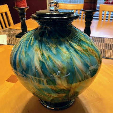 Hand Blown Glass Cremation Urn for Adults - Elegant Greco Aegean Design - Perfect for Memorials, Funeral Services & Home Display