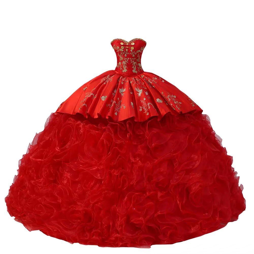 Elegant Gold Embroidered Organza Ball Gown with Puffy Ruffles - Quinceanera Dress for Sweet 15, Mexican Themed Prom Dress 2025 - Perfect for Quinceañeras, Prom Nights, and Special Occasions