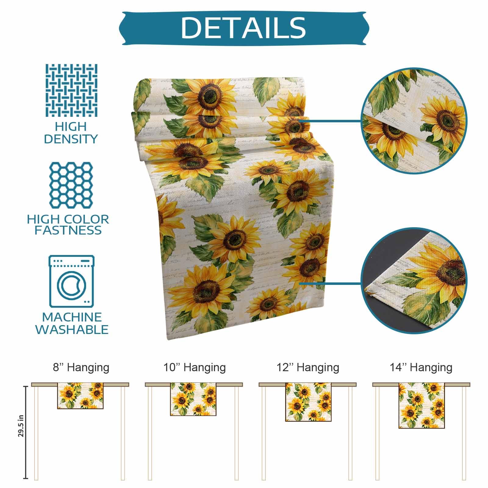 Sunflower Cotton Linen Table Runner 13x90 Inch - Rustic Farmhouse Kitchen Decor for Dining Table, Wedding Banquet, Party & Holiday Celebrations - Perfect for Family Dinners, Bridal Showers & Home Decoration