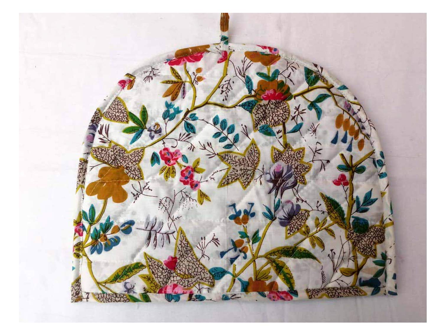 Marusthali Handmade White Cotton Tea Cozy Cover - Winter Tea Kettle Warmer & Coffee Pot Cover - Hand Block Printed Kitchen Décor for Cozy Home & Tea Parties