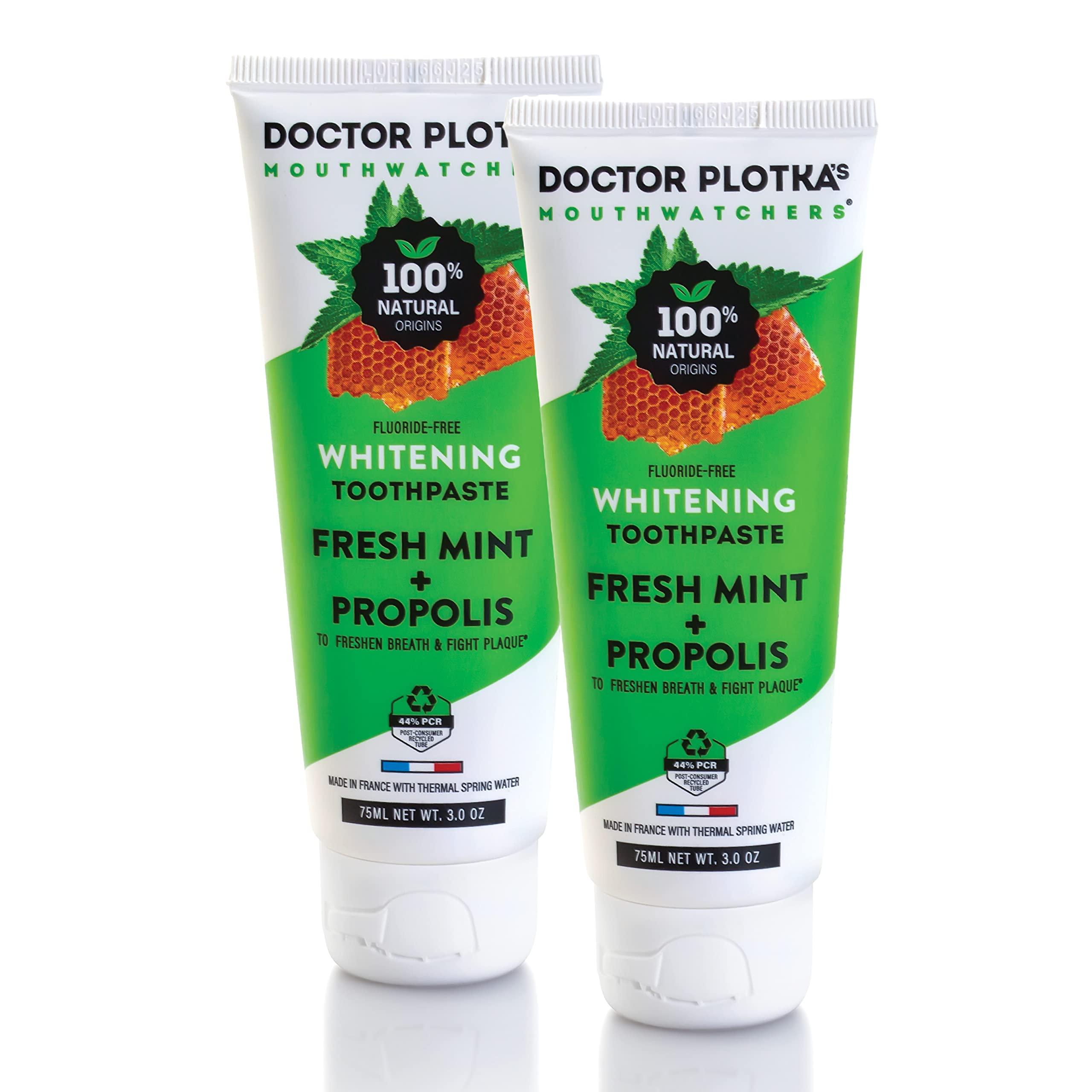 MOUTHWATCHERS Whitening Fluoride Free Natural Toothpaste for Sensitive Teeth & Gums - 2 Pack (3 oz Each) with Organic Mint & Propolis | Gentle Dental Care for Daily Use by Dr. Plotka's | Perfect for Travel & Home Oral Hygiene Routine