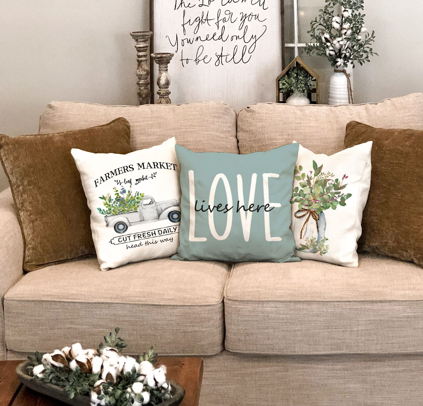 Farmhouse Pillow Covers 18x18 Set of 4 - Eucalyptus Leaves Decor Linen Cushion Cases for Sofa, Bed & Home Decor - Perfect for Living Room, Bedroom & Cozy Farmhouse Style