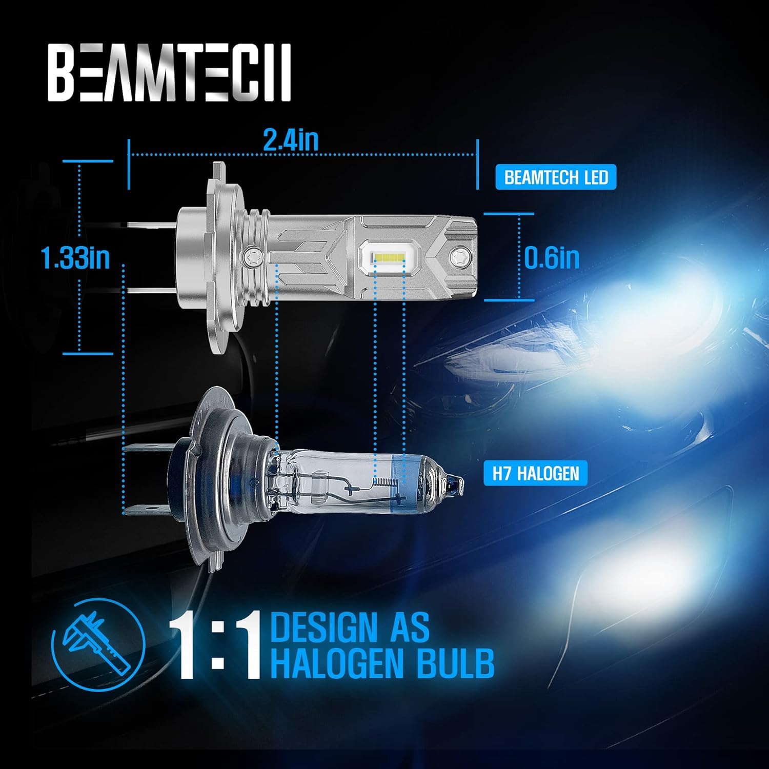 BEAMTECH H7 LED Bulbs - 6500K Cool White Fog Lights, Plug and Play Direct Replacement, 1:1 Size Fit, Pack of 2 - Perfect for Car Headlight Upgrades & Night Driving Visibility