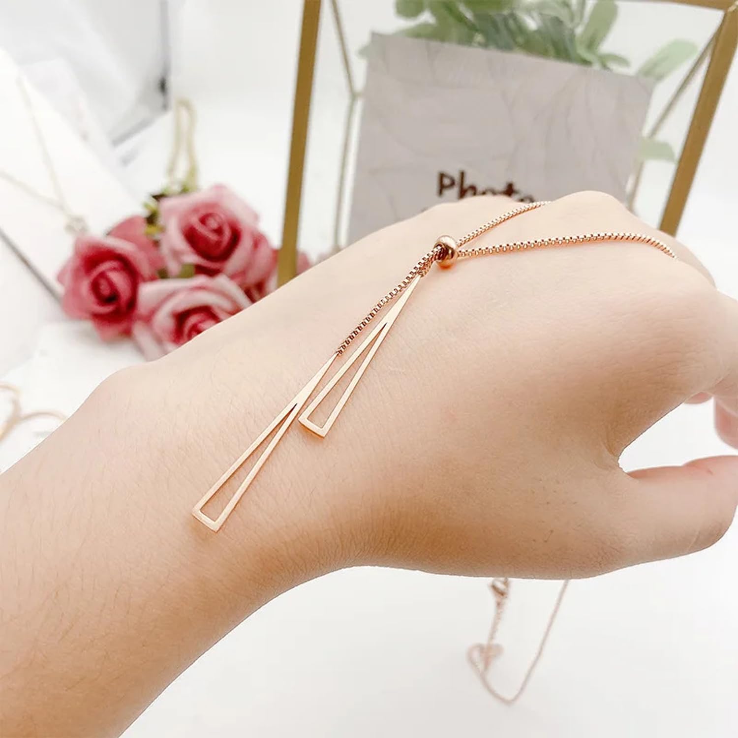 Elegant Silver Chain Necklace for Women - Stainless Steel Rose Gold Long Triangle Pendant Necklace, Perfect Gift for Women & Girls | Ideal for Parties, Dates & Everyday Wear