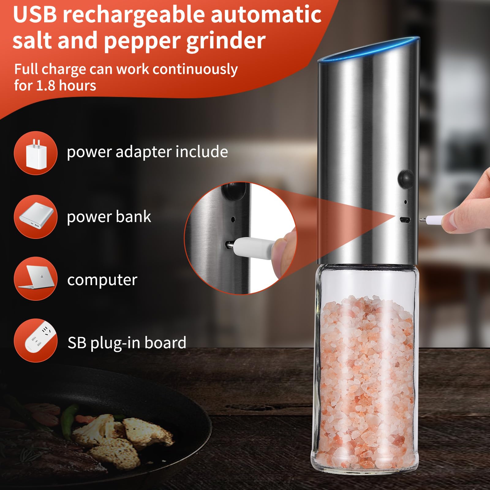 Premium USB Rechargeable Electric Salt and Pepper Grinder Set - Adjustable Coarseness with LED Light - Tall Glass Refillable Spice Mills for Kitchen, Dining & Cooking - Perfect for Home Chefs & Gourmet Cooking
