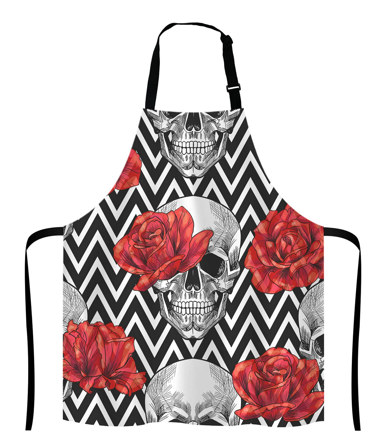 Adjustable Skull & Red Roses Bib Apron for Men & Women - Perfect for Cooking, Baking, Grilling, Waitressing & Chef Work in Kitchen, Bistro or Home Use
