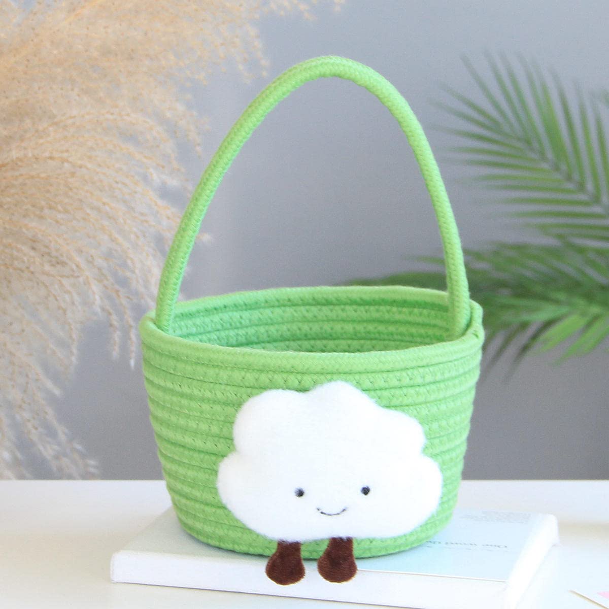 JINYISI Handmade Woven Cotton Rope Storage Basket - Round Natural Fiber Organizer with Sturdy Handle for Baby Toys, Home Decor & Nursery Organization | Perfect for Playroom, Bedroom & Closet Storage