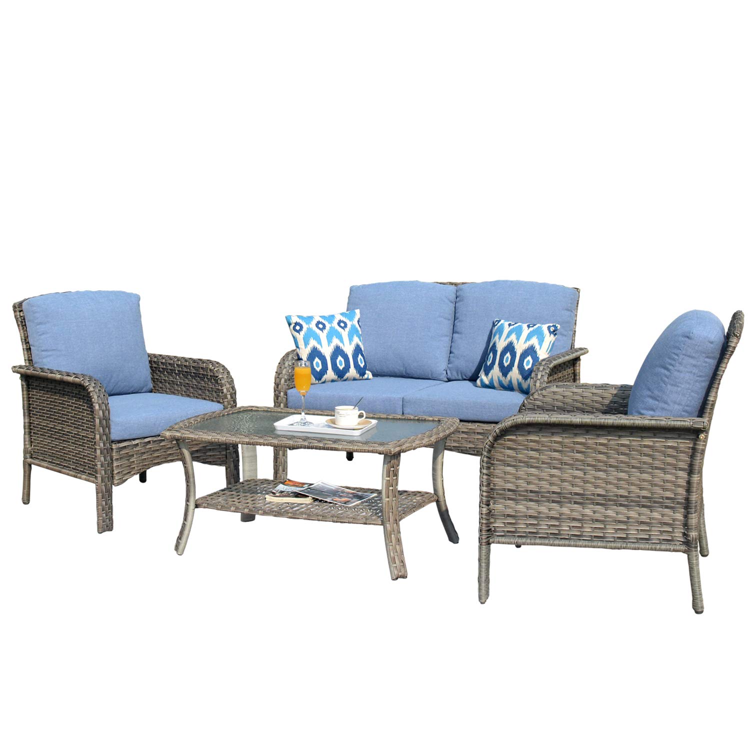 4-Piece High Back Patio Furniture Set - All-Weather PE Wicker Outdoor Conversation Set with Loveseat, 2 Chairs & Coffee Table (Gray Rattan with Denim Blue Cushions) - Perfect for Backyard, Garden, Poolside or Deck Relaxation