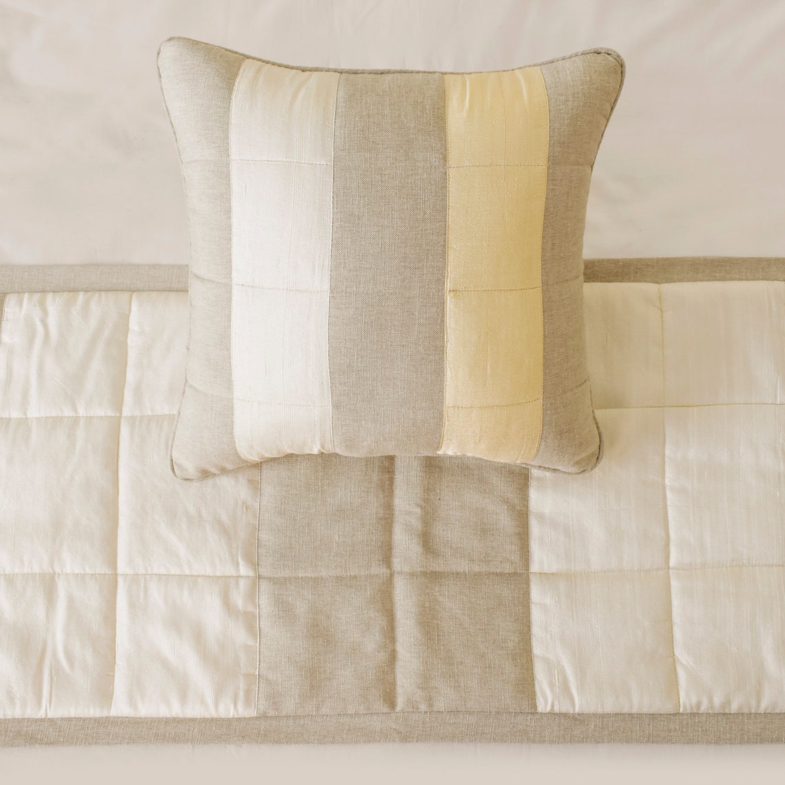 Alikka Linen & Silk Beige Decorative Bed Runner & Pillow Cover Set - Luxury Bedroom Decor for Master Suite, Guest Room & Wedding Decor