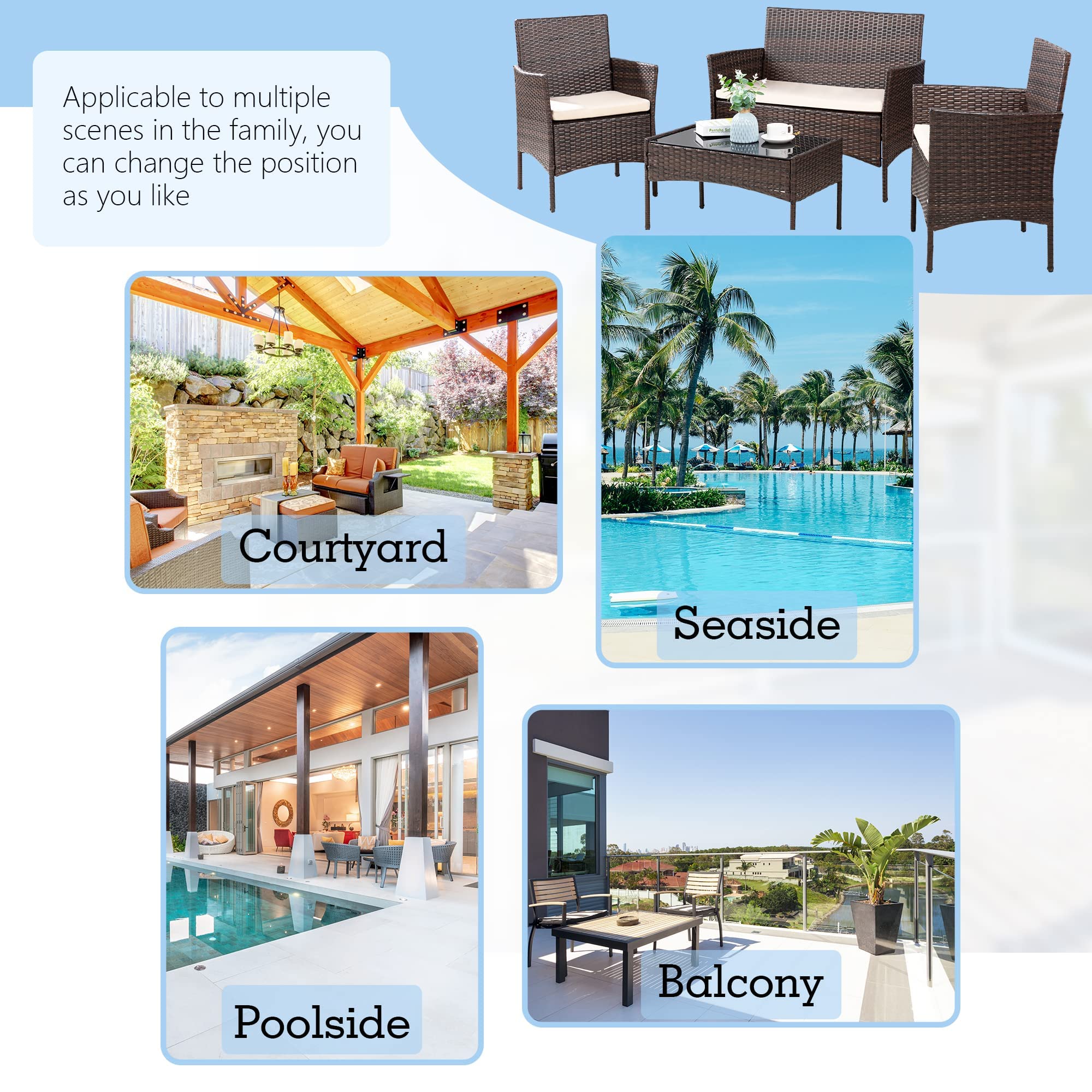 JAMFLY 4-Piece Brown Wicker Patio Furniture Set with Tempered Glass Coffee Table - Outdoor Rattan Conversation Set for Backyard, Porch, Garden, Poolside, Balcony - Perfect for Relaxing, Entertaining, and Lounging Outdoors
