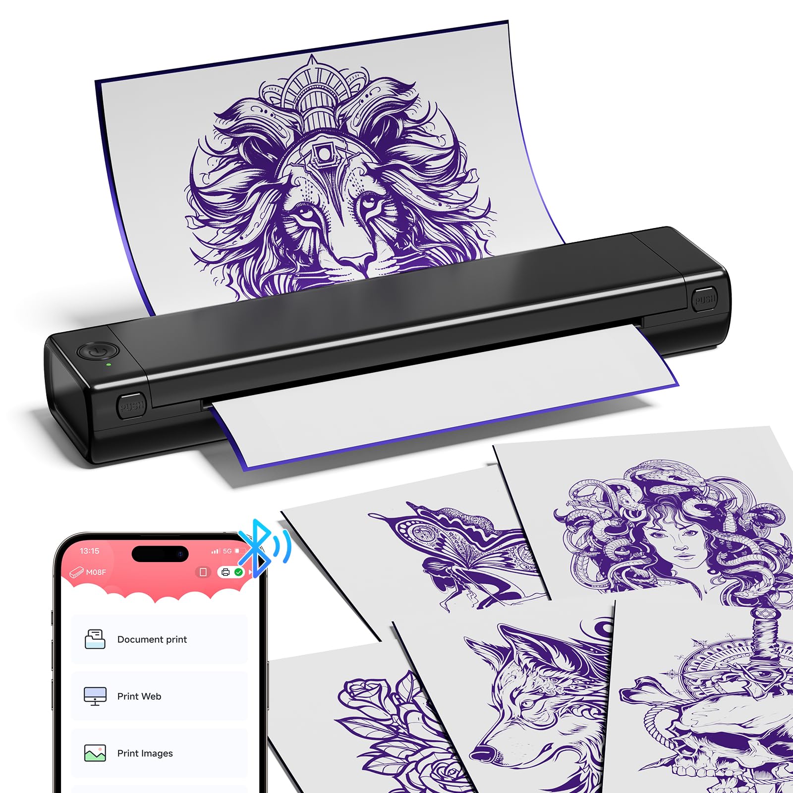 COLORWING M08F Wireless Tattoo Stencil Printer - Bluetooth Thermal Inkless Tattoo Machine with 10 Transfer Papers, Portable Design for Professional Tattoo Artists & Beginners (Black) | Perfect for Studio, Home & Travel Tattoo Work