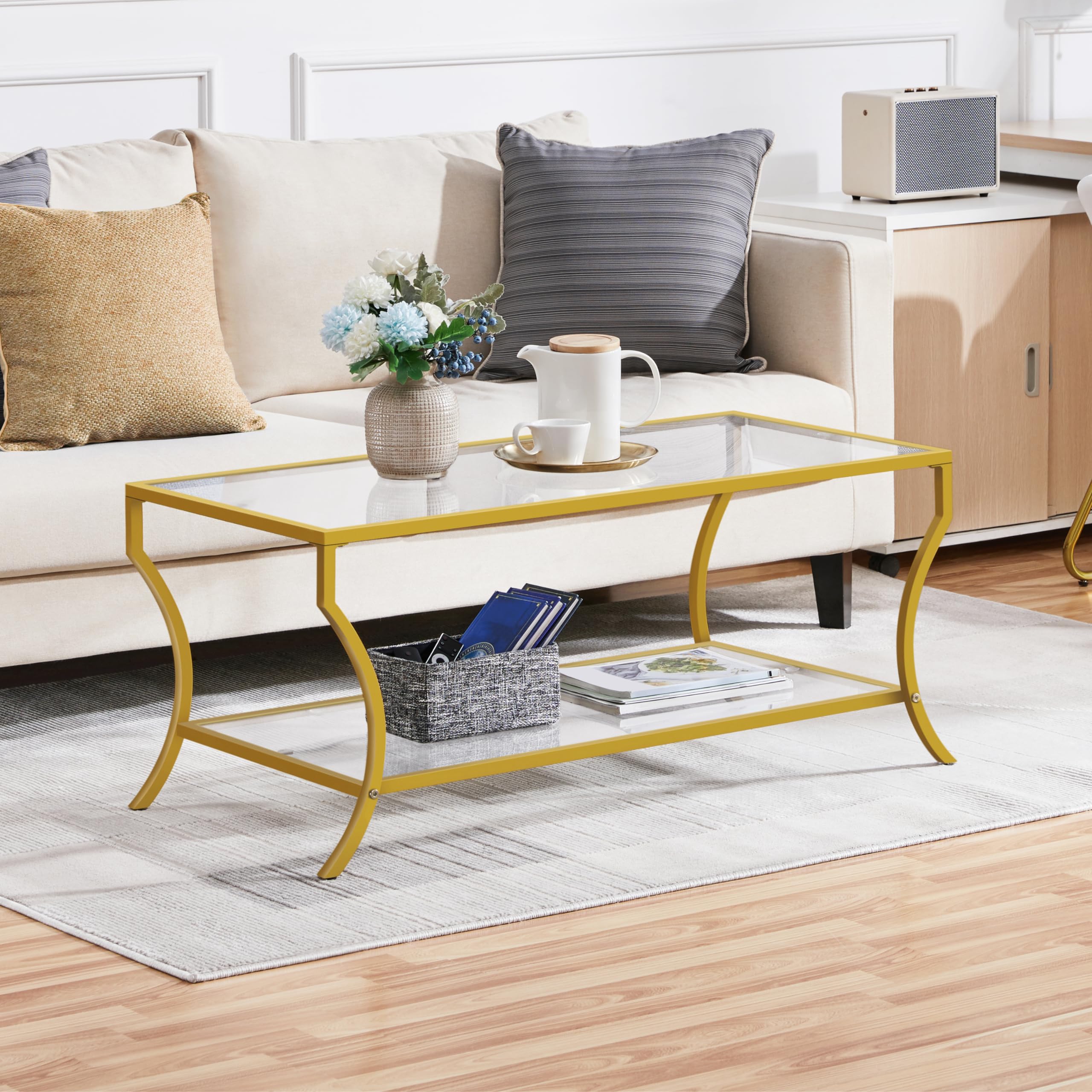 Yaheetech 2-Tier Modern Gold Coffee Table with Tempered Glass Top & Curved Metal Frame - Rectangular Living Room Center Table for Apartment, Lounge & Office - Easy Assembly Home Furniture Decor