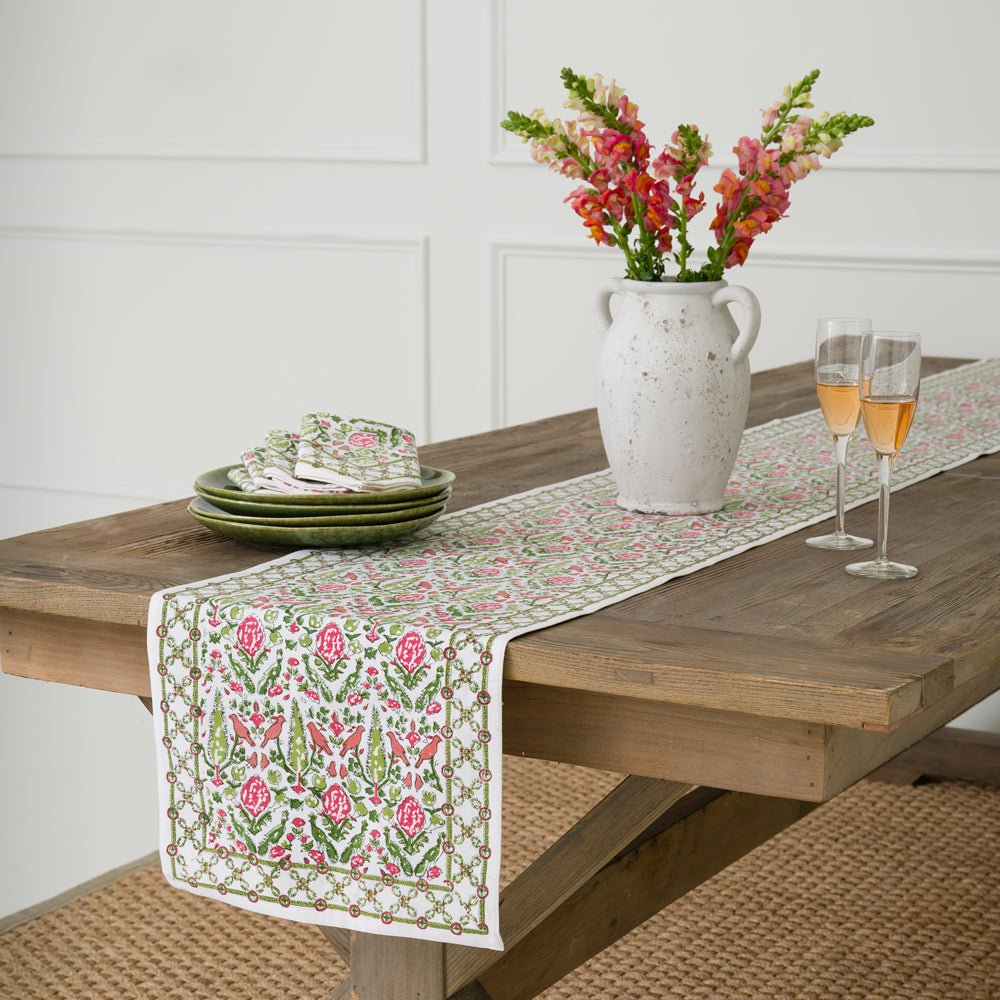 Dove & Cypress Pink and Green Table Runner - Elegant Floral Design for Dining Table Decor, Wedding, Party, and Home Decoration