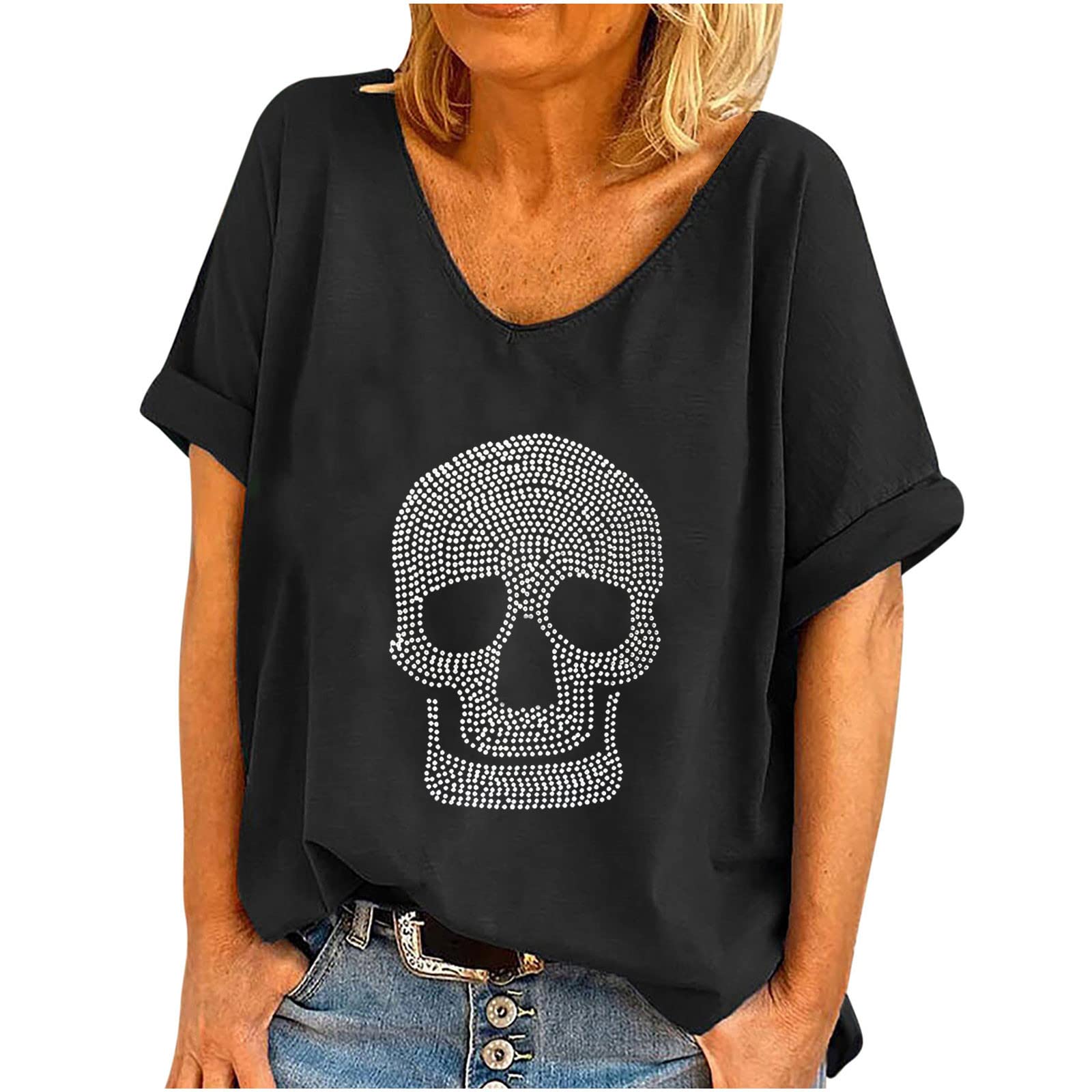 Plus Size Y2K V-Neck T-Shirt for Women - Short Sleeve Casual Graphic Top with Skull Print | Trendy Streetwear, Summer Outfits & Layering Essential