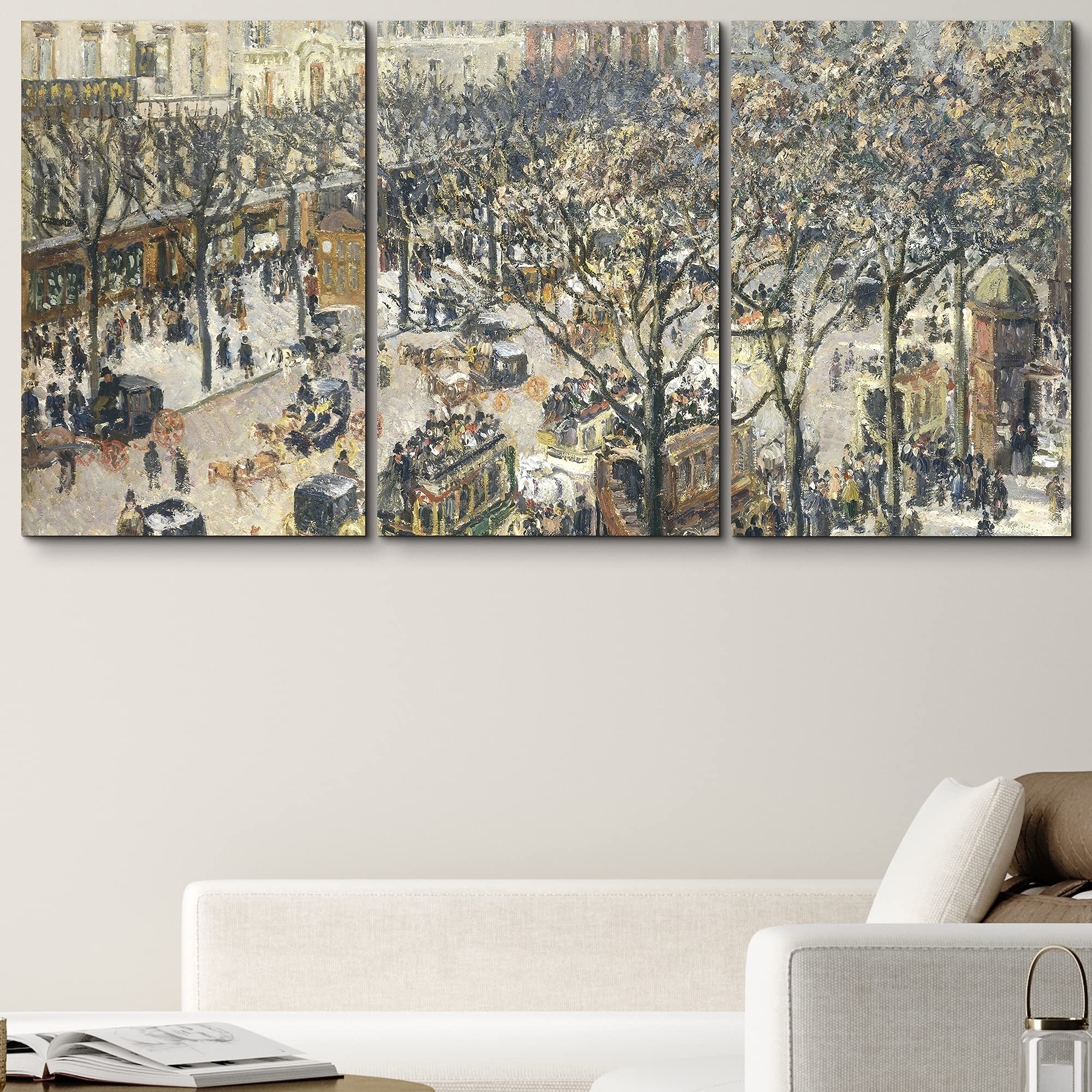 Wall26 Camille Pissarro Boulevard Montmartre Morning Oil Painting Reproduction - 3 Panel Canvas Wall Art Set (24x36 Inches) for Living Room, Bedroom & Office Decor | French Impressionist Artwork | Home & Office Wall Decor