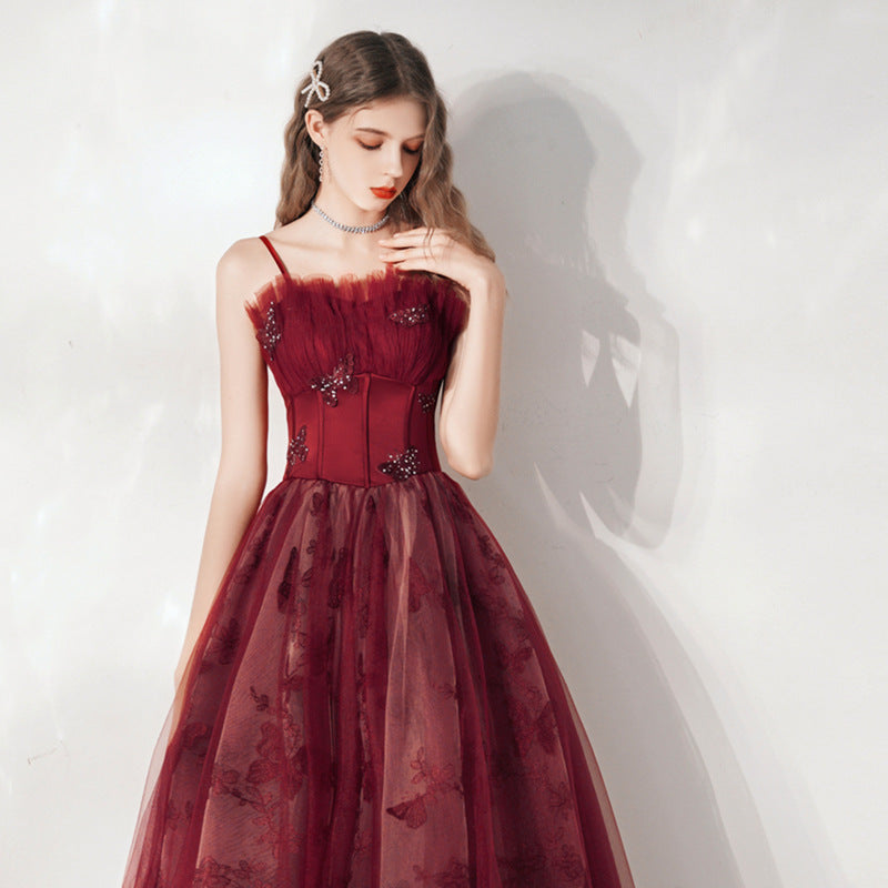 Elegant Burgundy Spaghetti Strap Tulle Prom Dress with Lace Up Back - Formal Evening Gown for Homecoming, Wedding, and Special Occasions - Size 48