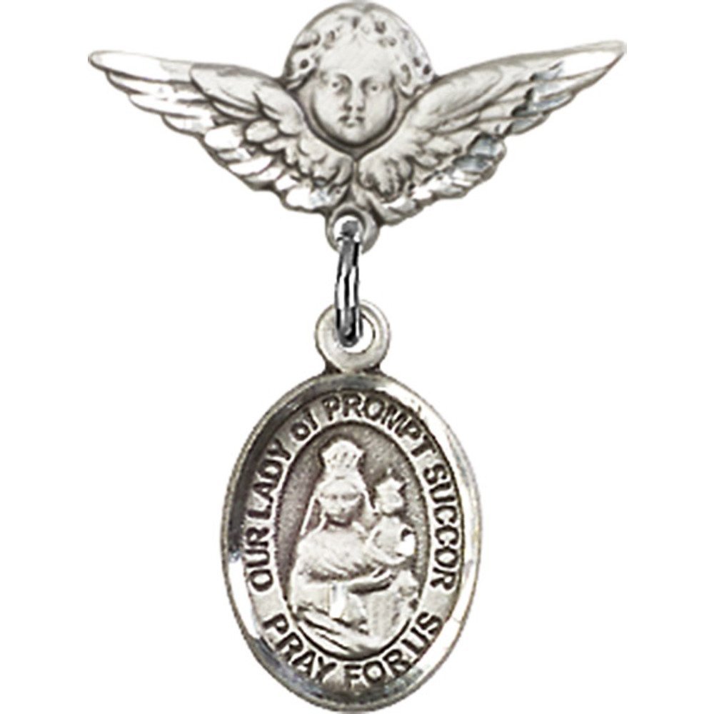 Sterling Silver Baby Badge with Our Lady of Prompt Succor Charm & Angel Wing Pin - 7/8