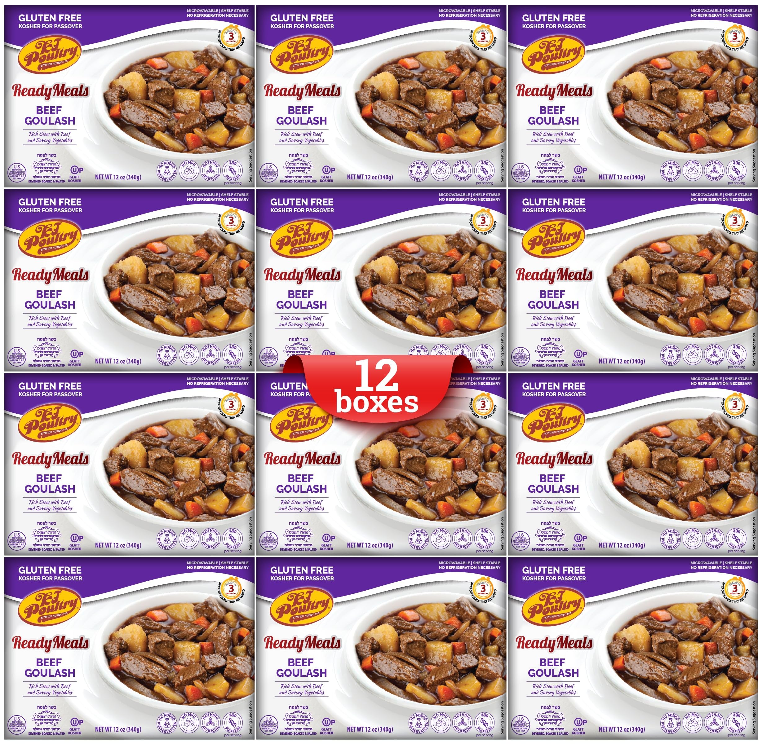 Kosher for Passover Gluten-Free Beef Goulash Stew with Vegetables (12 Pack) - Fully Cooked Shelf-Stable Microwave Meals | Ready-to-Eat Entrees for Travel, Military, Camping & Emergency Food Supply