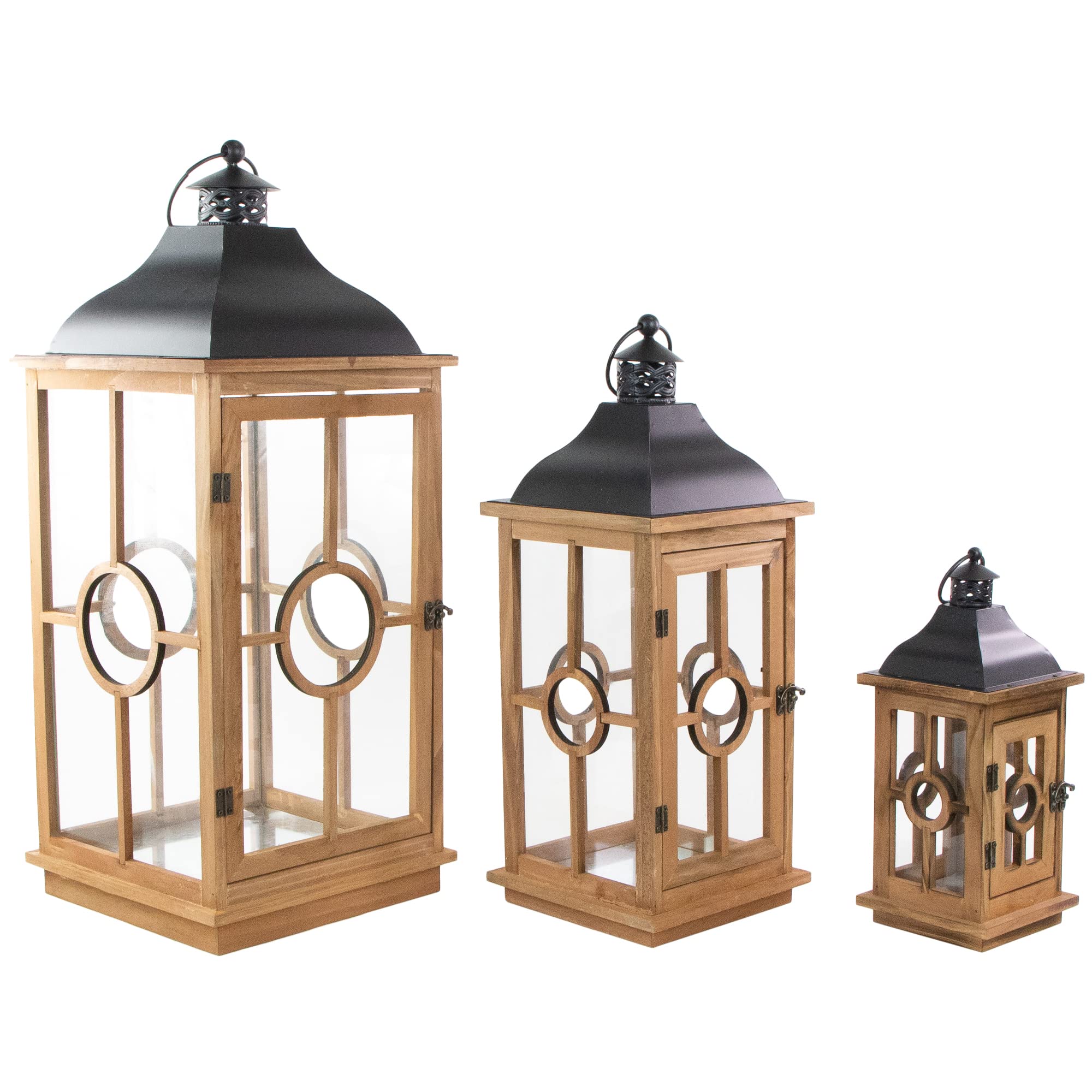 Set of 3 Natural Wood Candle Lanterns with Black Metal Tops - 26.5 Inch Rustic Brown Home Decor for Patio, Garden, Wedding & Outdoor Lighting
