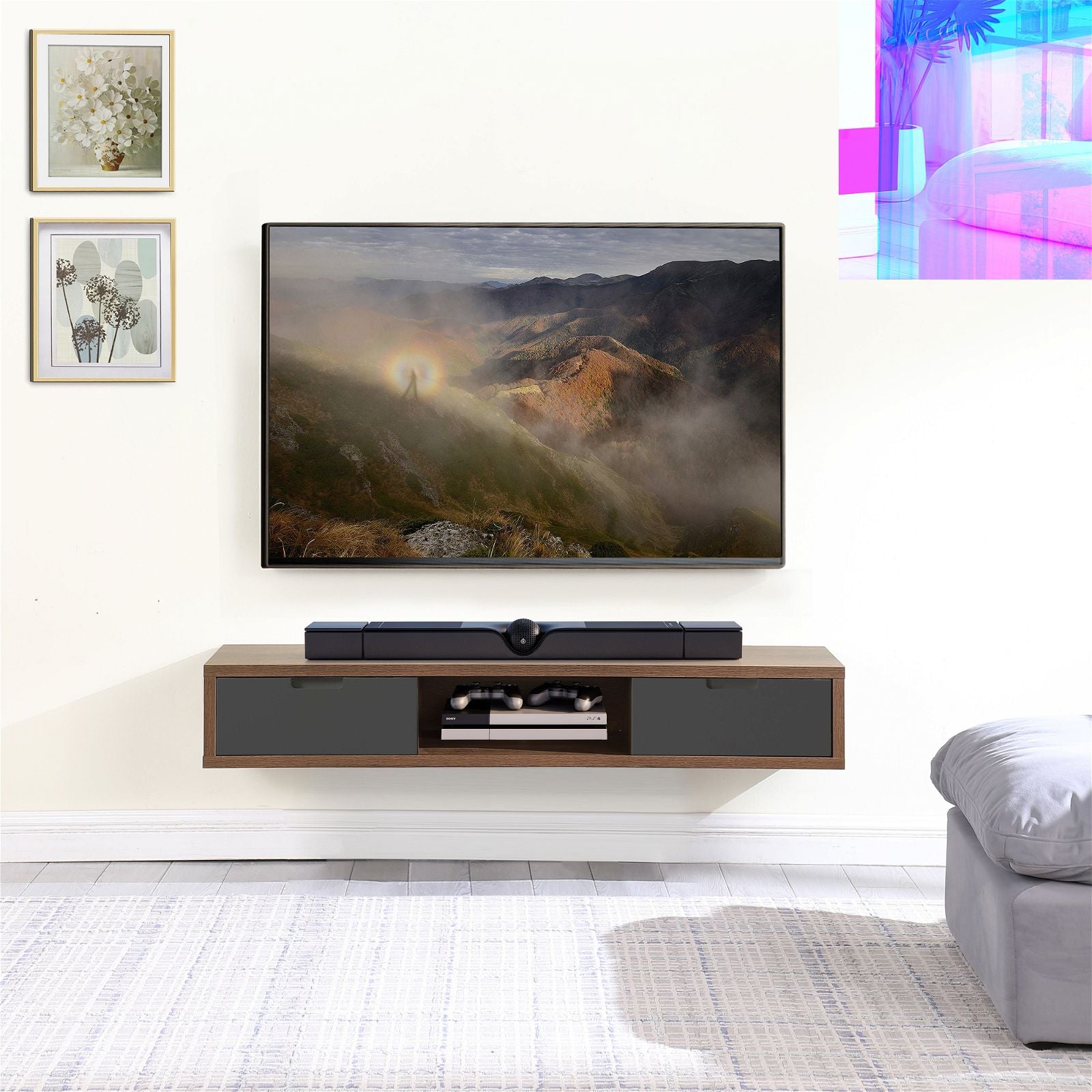 Criterion 1500mm Dark Oak Wall Mounted TV Stand with Grey Drawers - Modern Entertainment Center for Living Room & Home Theater Setup