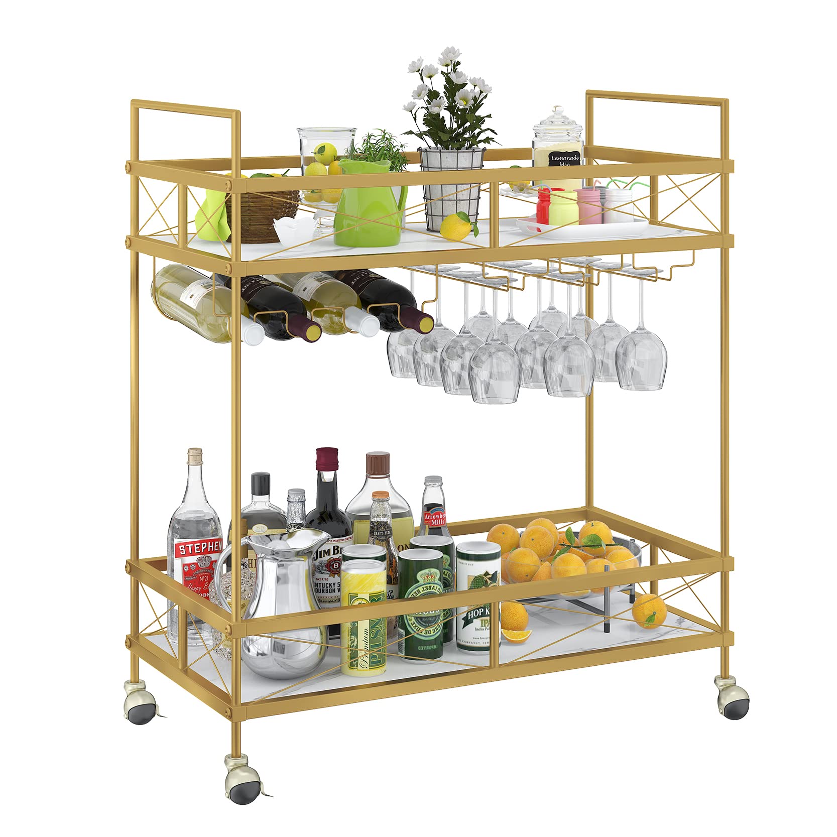 ASYA Gold Home Bar Serving Cart with Marble Shelves & Wine Rack - Modern Rolling Mini Bar Cart for Dining Room, Living Room, Home Bar - Perfect for Cocktail Parties, Wine Tasting & Home Entertaining