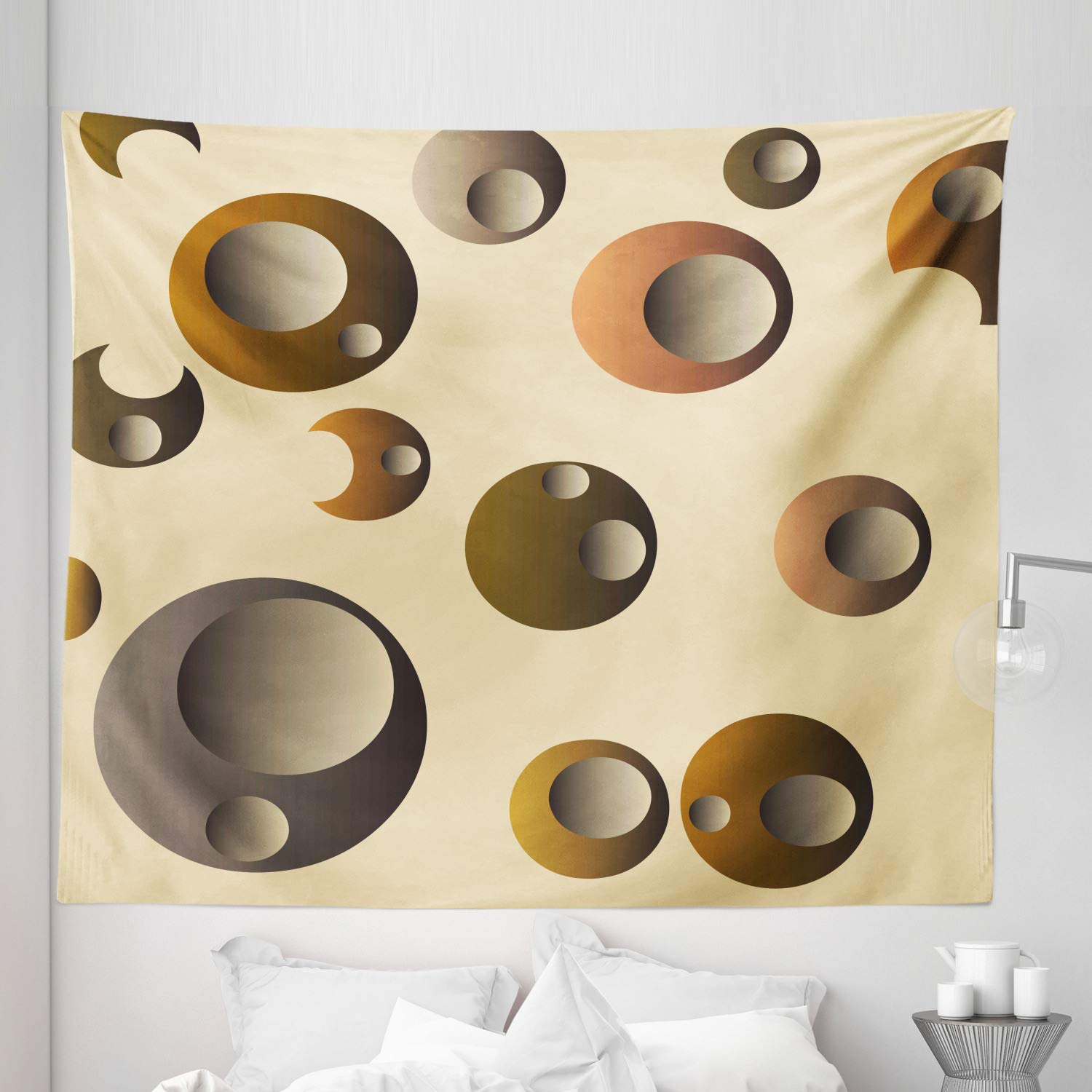 Ambesonne Retro King Size Tapestry - Funky Bubbles Abstract Design Wall Hanging, Bedspread & Wall Decor (104x88 Inches, Pale Brown Caramel) | Perfect for Bohemian Bedroom, Dorm Room & Living Room Decor