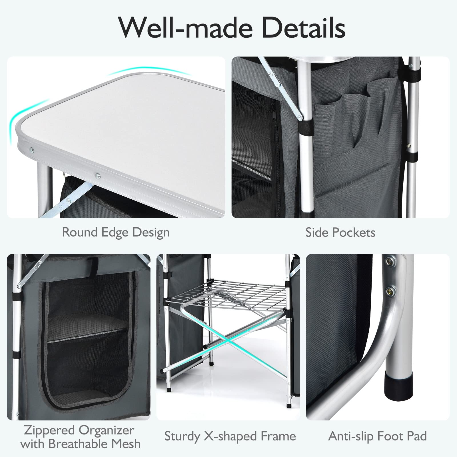 Goplus Folding Camping Kitchen Table with Storage - Aluminum Portable Outdoor Cooking Table with Windscreen - Compact Foldable Camp Table for BBQ, Grill, Picnics & Parties - Perfect for Backpacking, Tailgating & RV Camping Trips