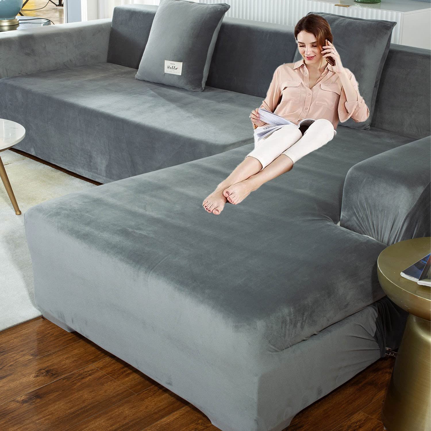 Stretchable L-Shaped Sectional Sofa Covers for Pets - Gray 3-Cushion Slipcovers with 2 Pillowcases | Furniture Protector for Living Room | Perfect for Dog Owners & Pet-Friendly Homes