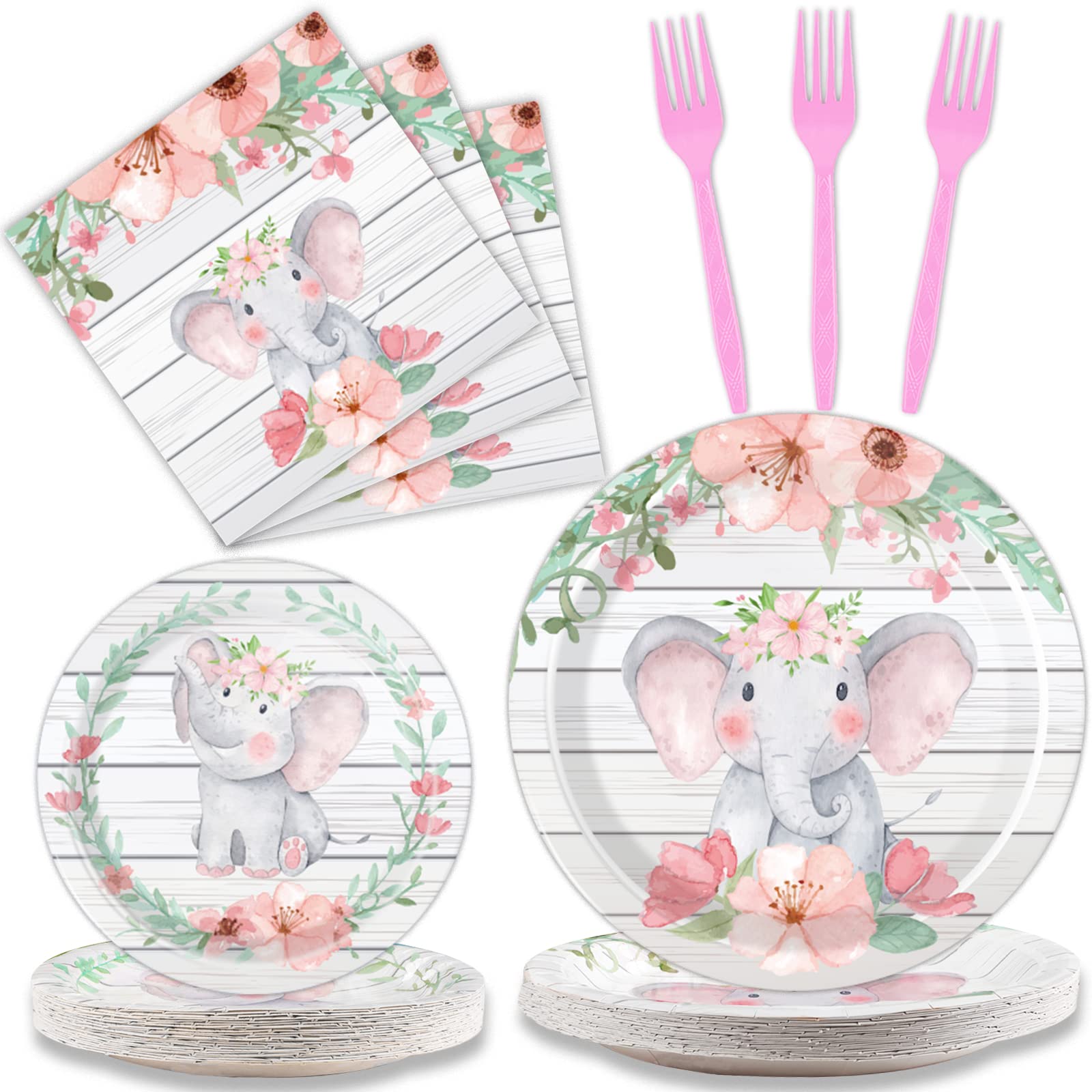 96-Piece Pink Floral Elephant Baby Shower Plates & Napkins Set - Cute Elephant Tableware for Girls Birthday Party, Baby Shower Decorations - Serves 24 Guests - Perfect for Elephant-Themed Celebrations and Nursery Decor