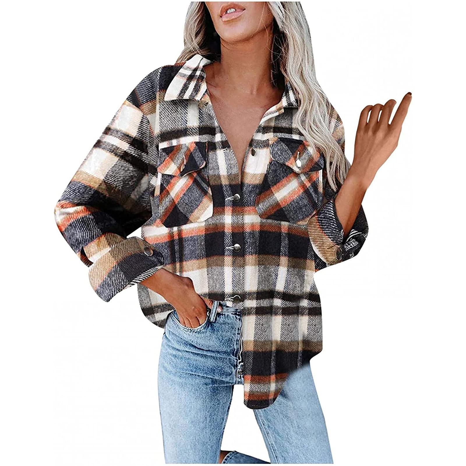 Muxing Women's Flannel Plaid Shirt - Long Sleeve Brushed Cotton Button Down with Lapel & Pockets | Casual Fall Outfit, Layering Essential, Outdoor Activities