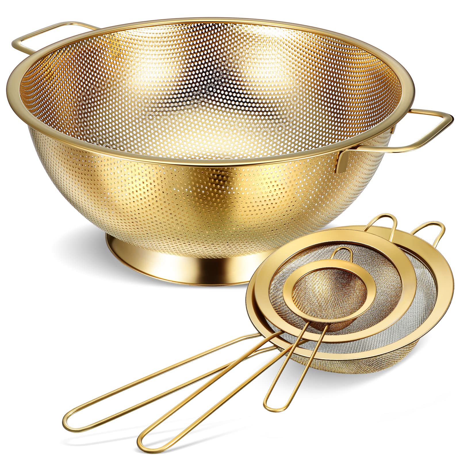 5 Quart Stainless Steel Gold Colander & 3-Piece Fine Mesh Strainer Set - Pasta, Rice & Food Strainer with Handles - Dishwasher Safe & Easy Clean - Perfect for Cooking, Baking & Kitchen Prep