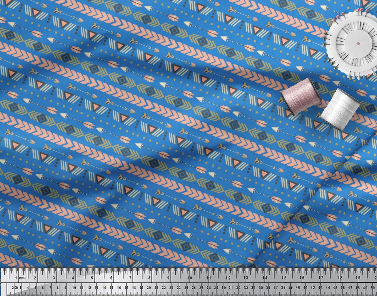 Soimoi Moss Georgette Blue Fabric by The Yard - 42 Inch Wide Aztec Geometric Printed Material for Dresses, Curtains & Home Decor | Tribal Contemporary Fusion Fashion Fabric