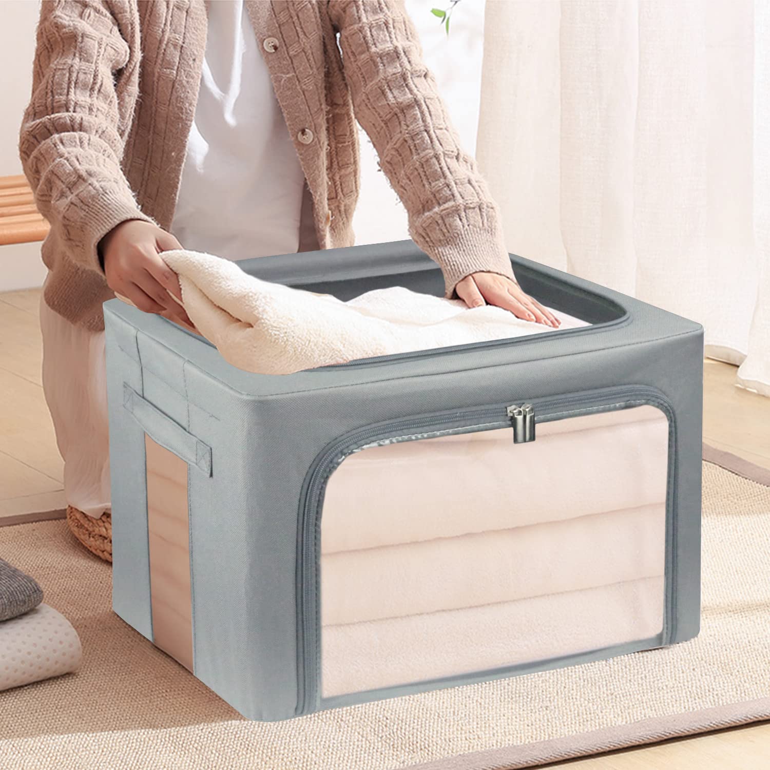 Foldable Stackable Clothes Storage Bins - 3 Pack Medium (40L) Grey - Sturdy Frame Organizer for Seasonal Clothing, Blankets, Towels, Bed Sheets & Toys - Perfect for Closet, Shelf & Home Organization