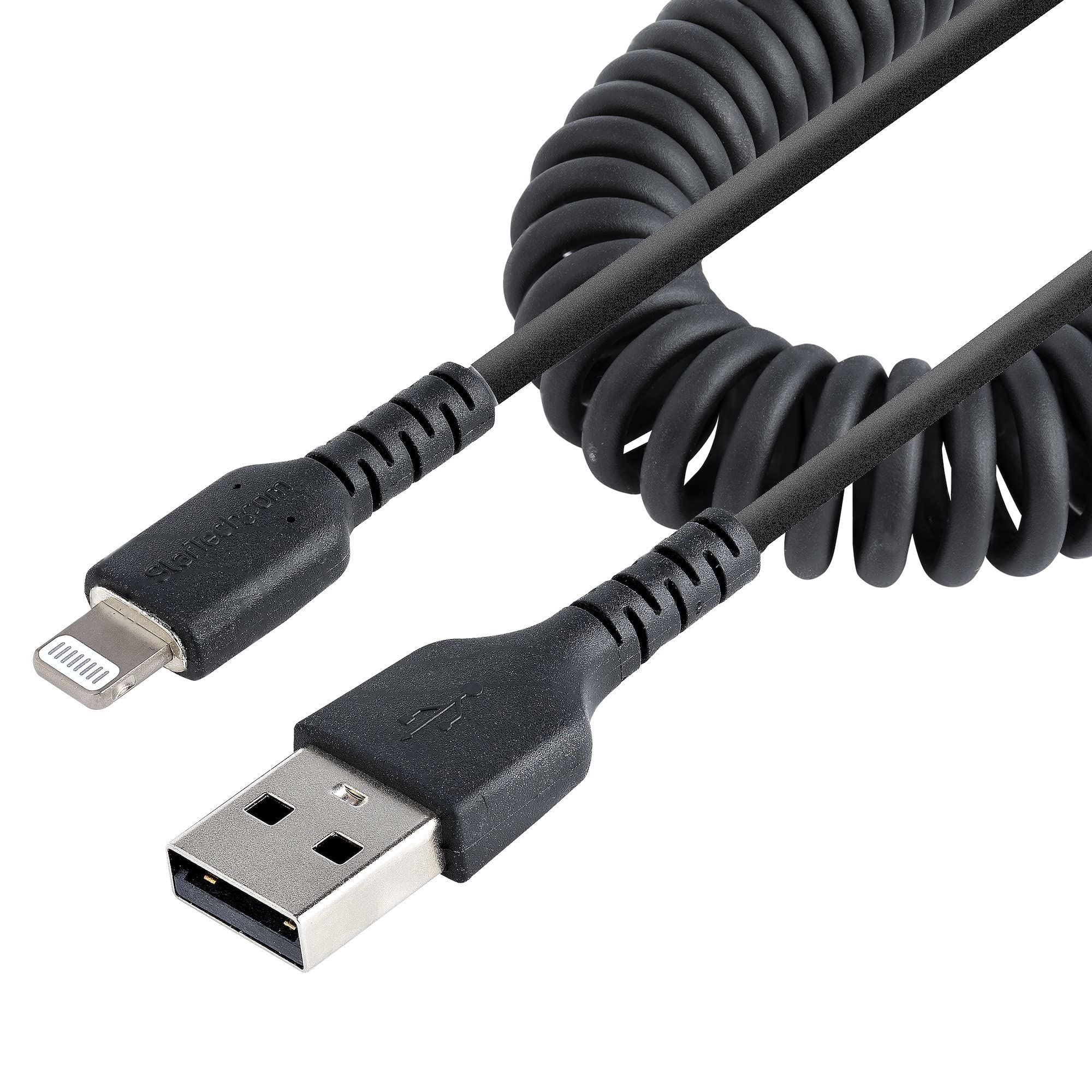 StarTech.com 1m (3ft) USB to Lightning Cable - MFi Certified iPhone Charger - Durable TPE Jacket & Aramid Fiber - Heavy Duty Coiled Design for Home, Office & Travel - Black (RUSB2ALT1MBC)