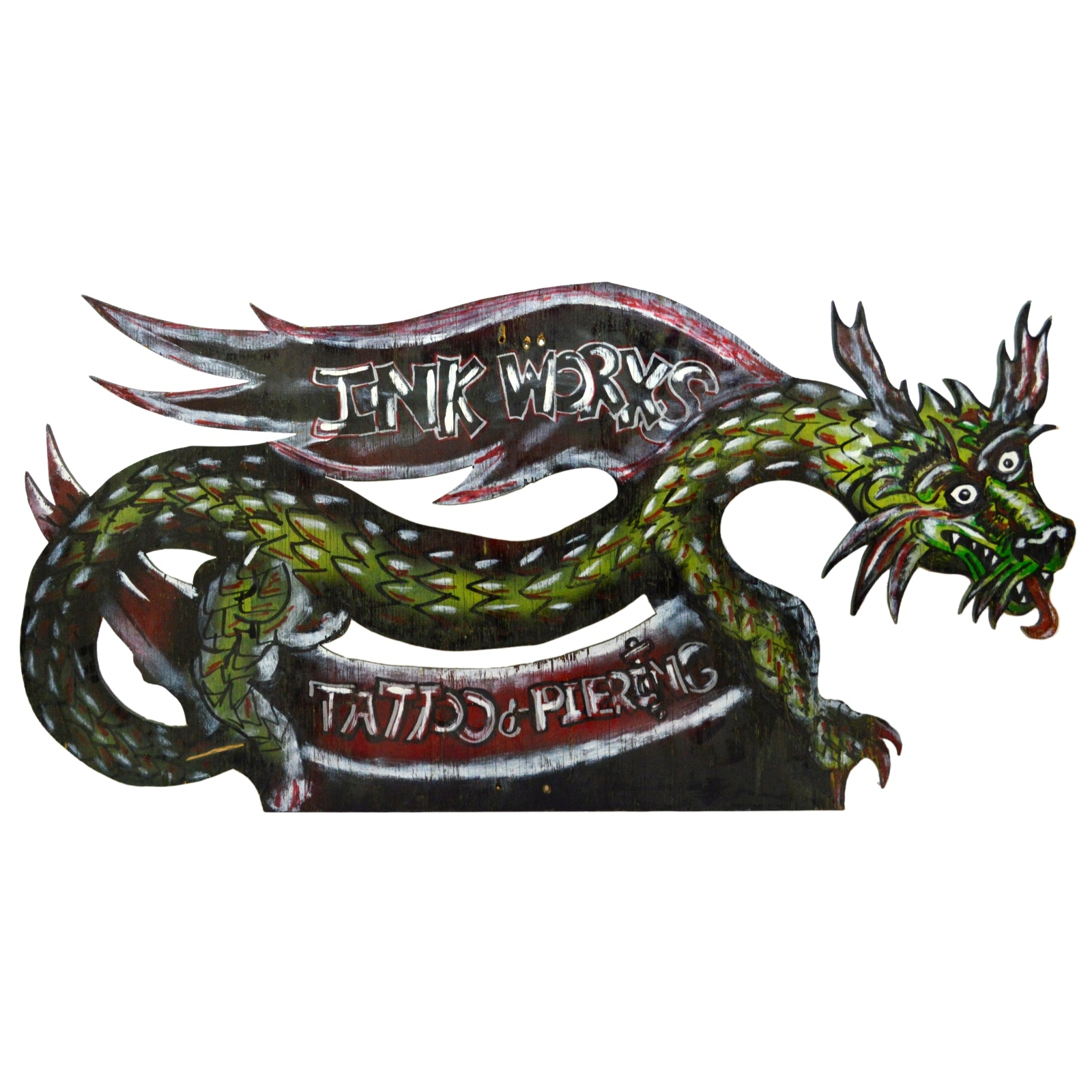Unique Handmade OOAK Ink Works Tattoo & Piercing Sign - 48 Dragon Design - Perfect for Tattoo Parlors, Body Art Studios & Alternative Decor