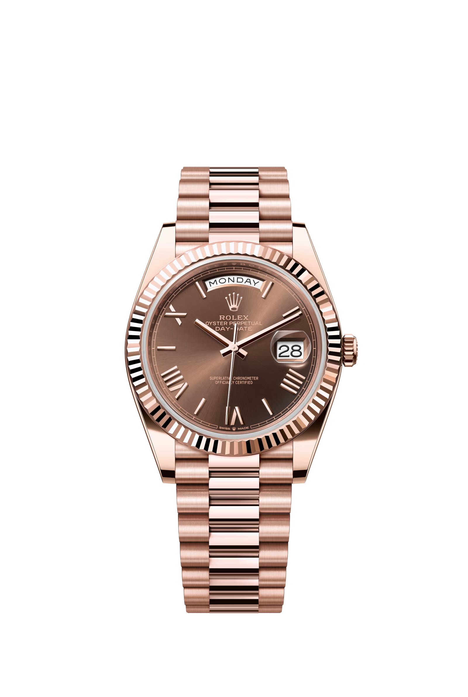 Rolex Day Date 228235 18K Rose Gold Men's Watch 40mm Chocolate Roman Dial with President Bracelet - Luxury Dress Watch for Business & Formal Occasions
