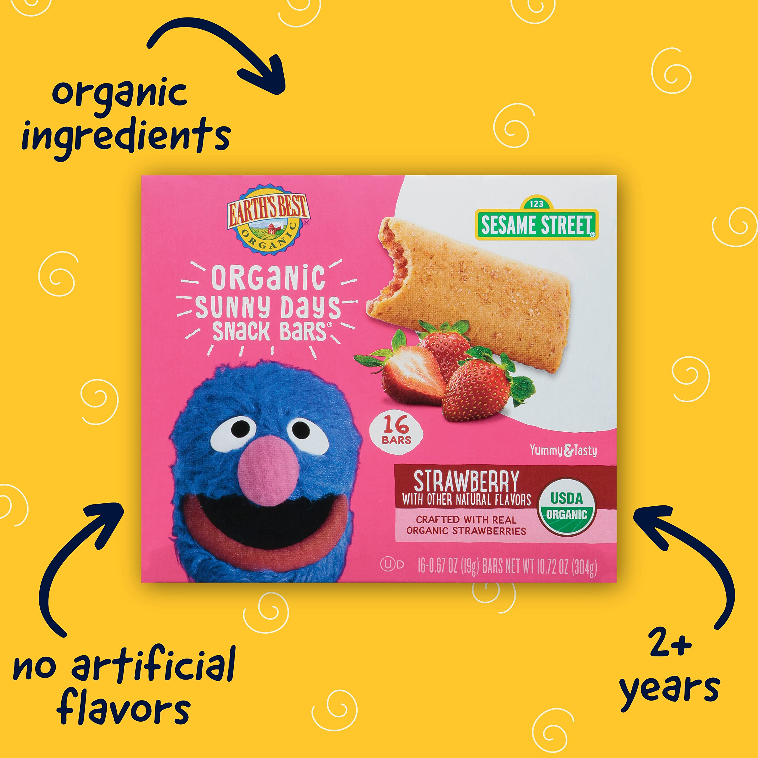 Earth's Best Organic Sunny Days Snack Bars for Toddlers 2+ Years - Strawberry Flavor with Natural Ingredients (16 Bars) | Healthy Sesame Street Toddler Snacks for Daycare, Travel & On-the-Go Nutrition
