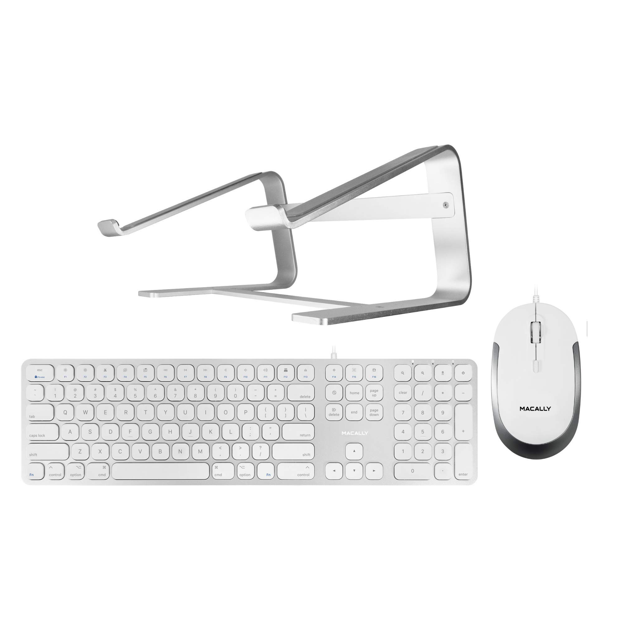 Macally Wired Mac Keyboard with Silent USB Mouse & Ergonomic Laptop Stand - Ultimate Workspace Trio for Apple MacBook, iMac, Mac Mini | Perfect for Home Office, Remote Work & Gaming Setup