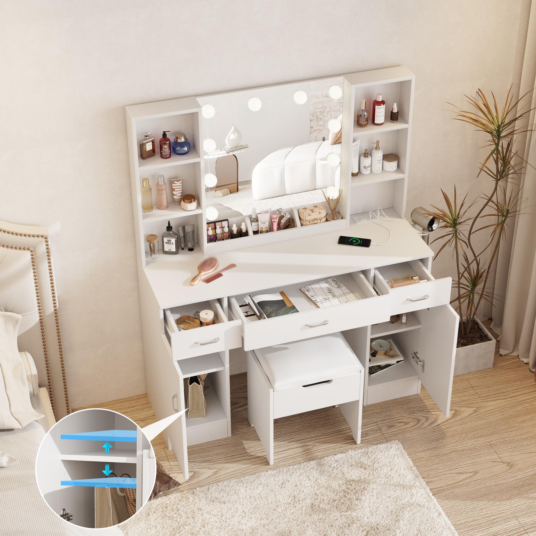 Premium Makeup Vanity Table with LED Lighted Mirror & Built-in Outlets - Large Dressing Table with Ample Storage, 3 Lighting Modes & Adjustable Brightness (45 Inch) - Perfect for Home Beauty Salon, Bedroom Decor & Professional Makeup Artists