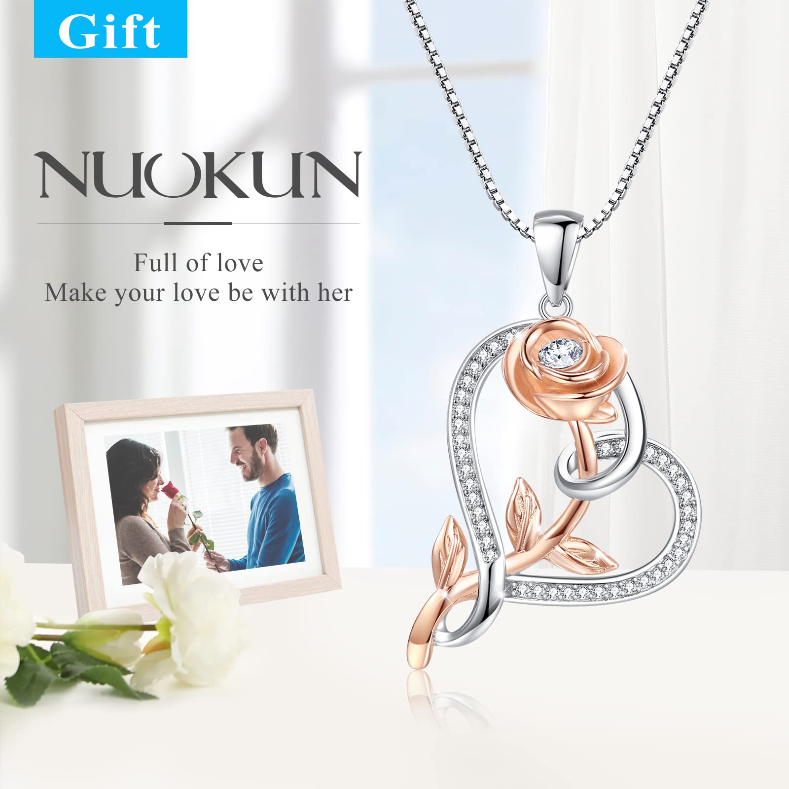 925 Sterling Silver Rose Flower Necklace for Women - Elegant Heart Pendant Jewelry Gift for Wife, Mom, Girlfriend, Grandma - Perfect for Birthday, Mother's Day, Anniversary & Valentine's Day Gifts