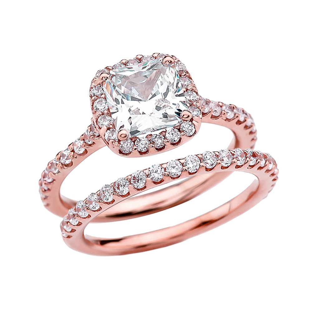 10k Rose Gold Cushion Cut Cubic Zirconia Solitaire Engagement Ring & Wedding Band Set for Women - Perfect for Proposals, Anniversaries, and Bridal Jewelry
