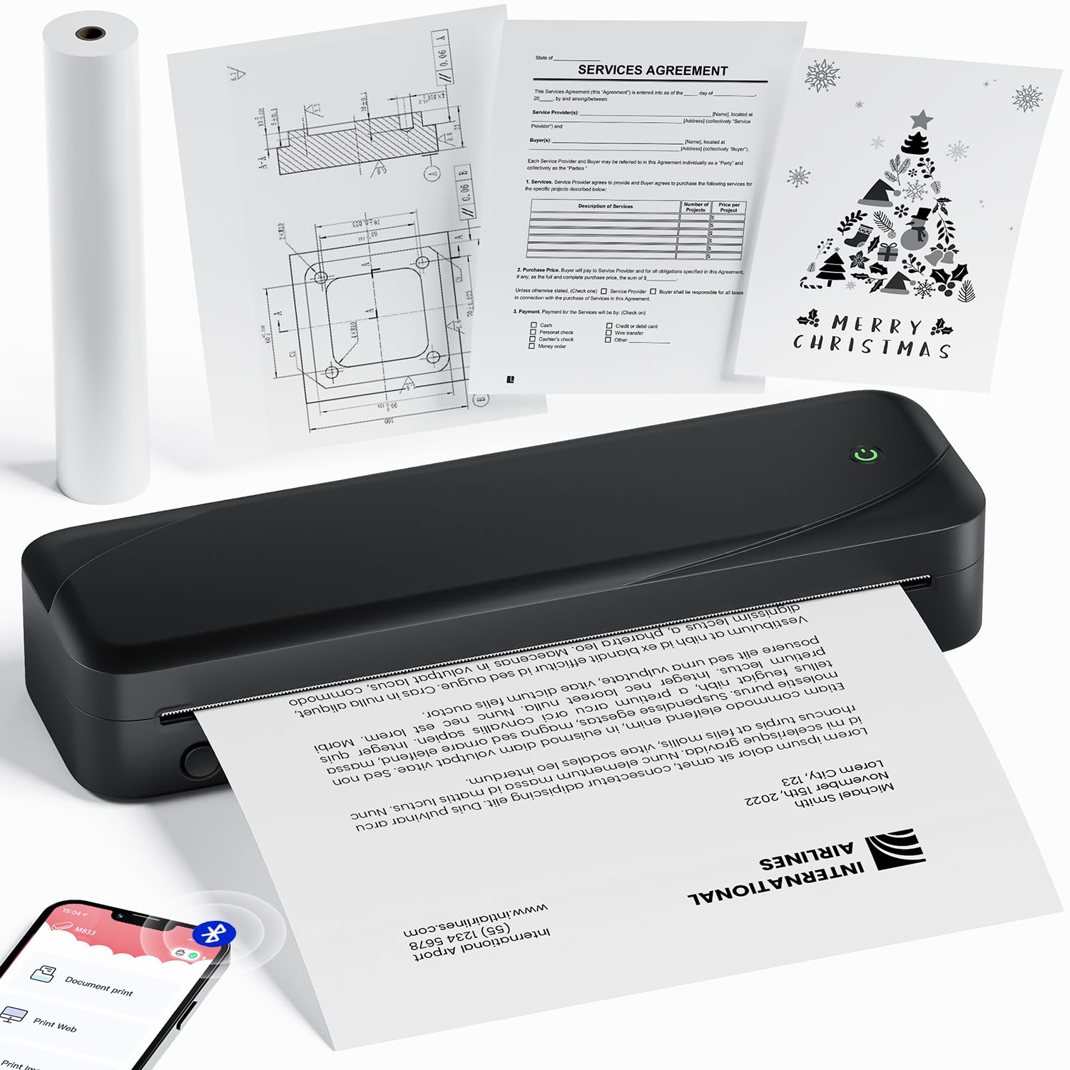 Phomemo M833 Wireless Thermal Printer - 300DPI High Resolution, A4 Portable Printer for Phone & Laptop | Bluetooth Mobile Printer for Business Receipts, Travel Documents, Home Office & On-the-Go Printing (Black)