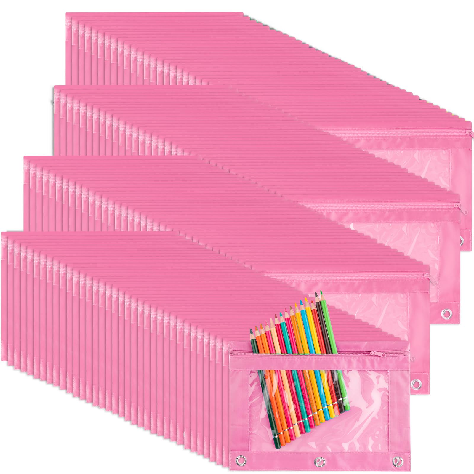 120 Pack 3-Ring Binder Pencil Pouches - Oxford Cloth Pencil Cases with Clear Window & Zipper Pulls for Kids, Adults, Office & School Supplies - Perfect for Classroom, Work & Organization (Light Pink)
