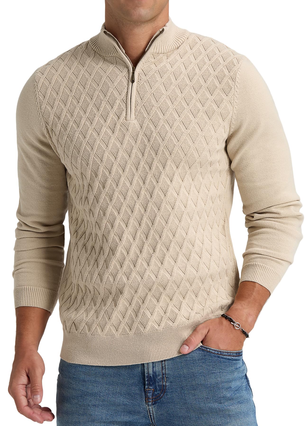 Men's Quarter Zip Sweater - Textured Knit Mock Neck Pullover with Ribbed Edges | Casual Comfort for Work, Travel & Outdoor Activities