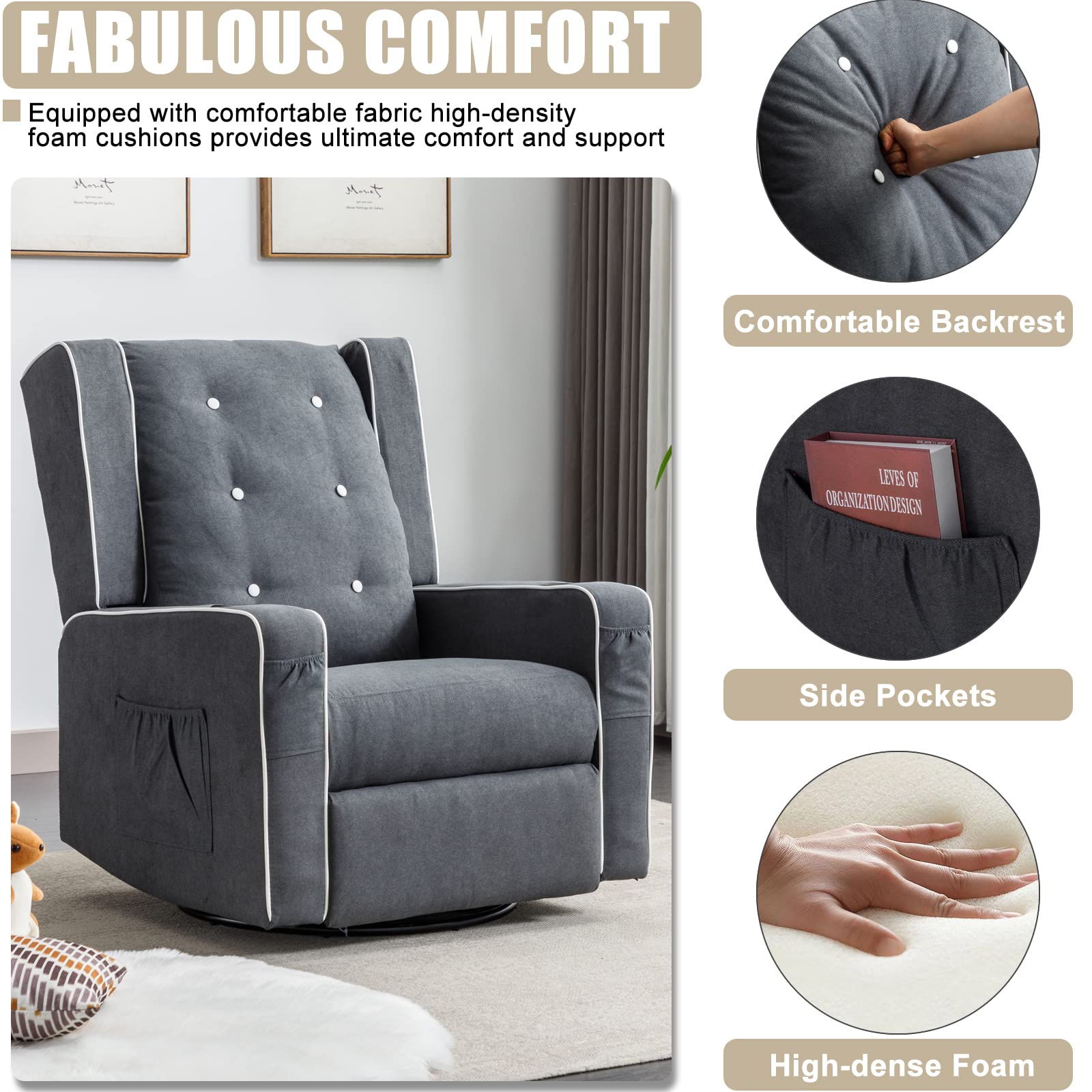 Swivel Rocker Recliner Chair - Upholstered Nursery Glider with Cup Holders | Manual Reclining Rocking Chair for Baby Room, Living Room & Bedroom | Perfect for Nursing, Relaxing & Reading