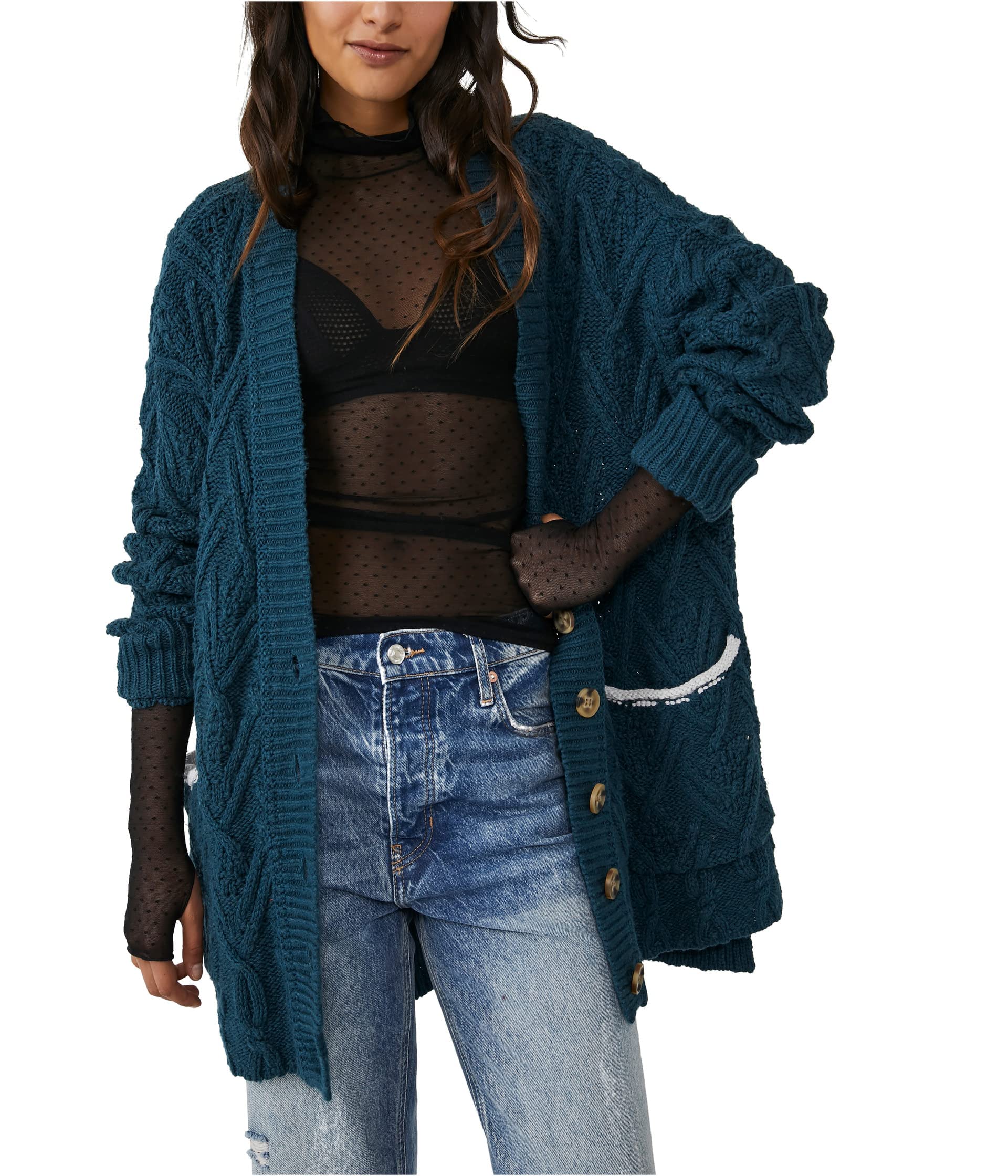 Free People Montana Cable Knit Cardigan Sweater for Women - Cozy Long Open Front Wrap - Perfect for Fall, Winter & Layering Outfits
