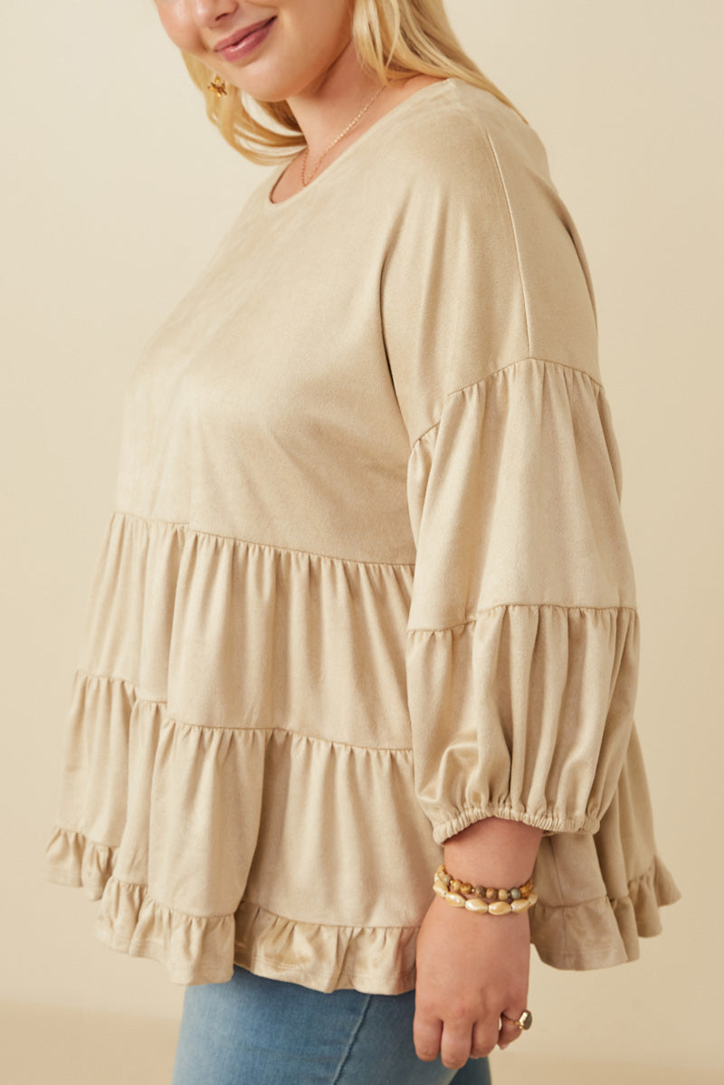 Vegan Suede Tiered Puff Sleeve Blouse - Women's Boho Chic Tunic Top for Casual Outings & Date Nights