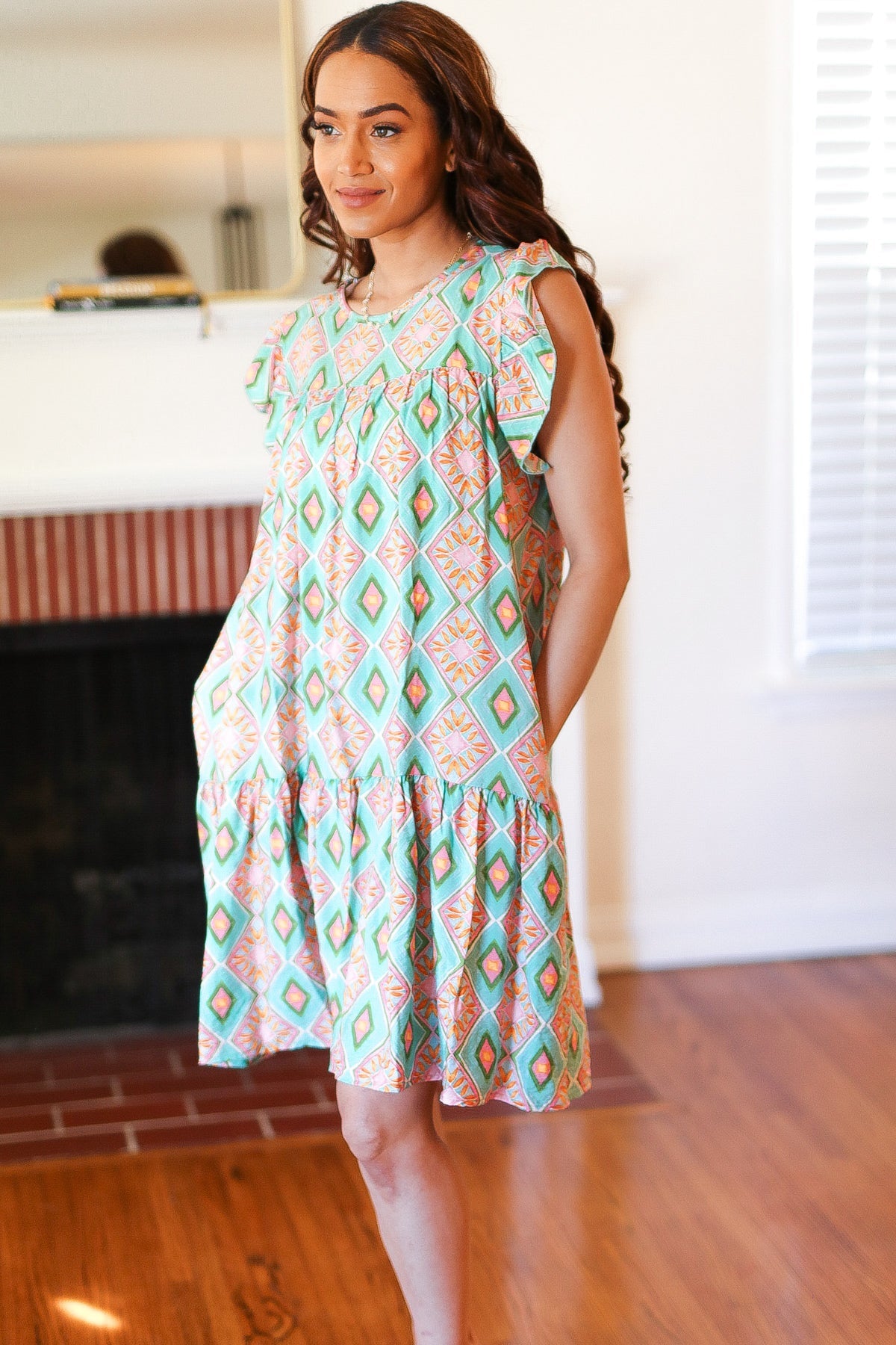 Boho Print Yoke Poplin Woven Dress - Floral Geometric Summer Dress for Women | Perfect for Beach Vacations, Music Festivals & Casual Outings